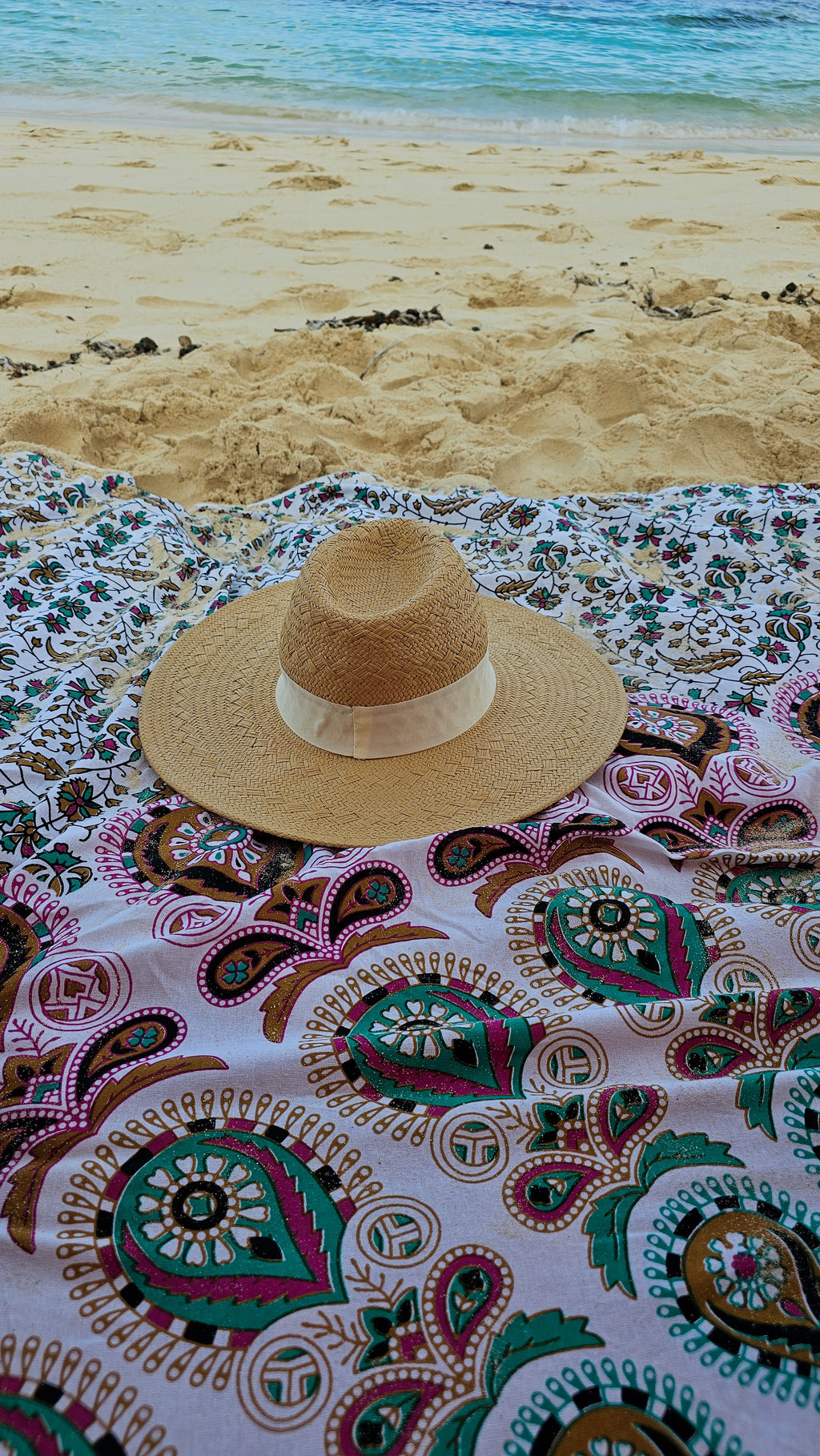 hand printed cotton beach blanket in eggplant and teal colours