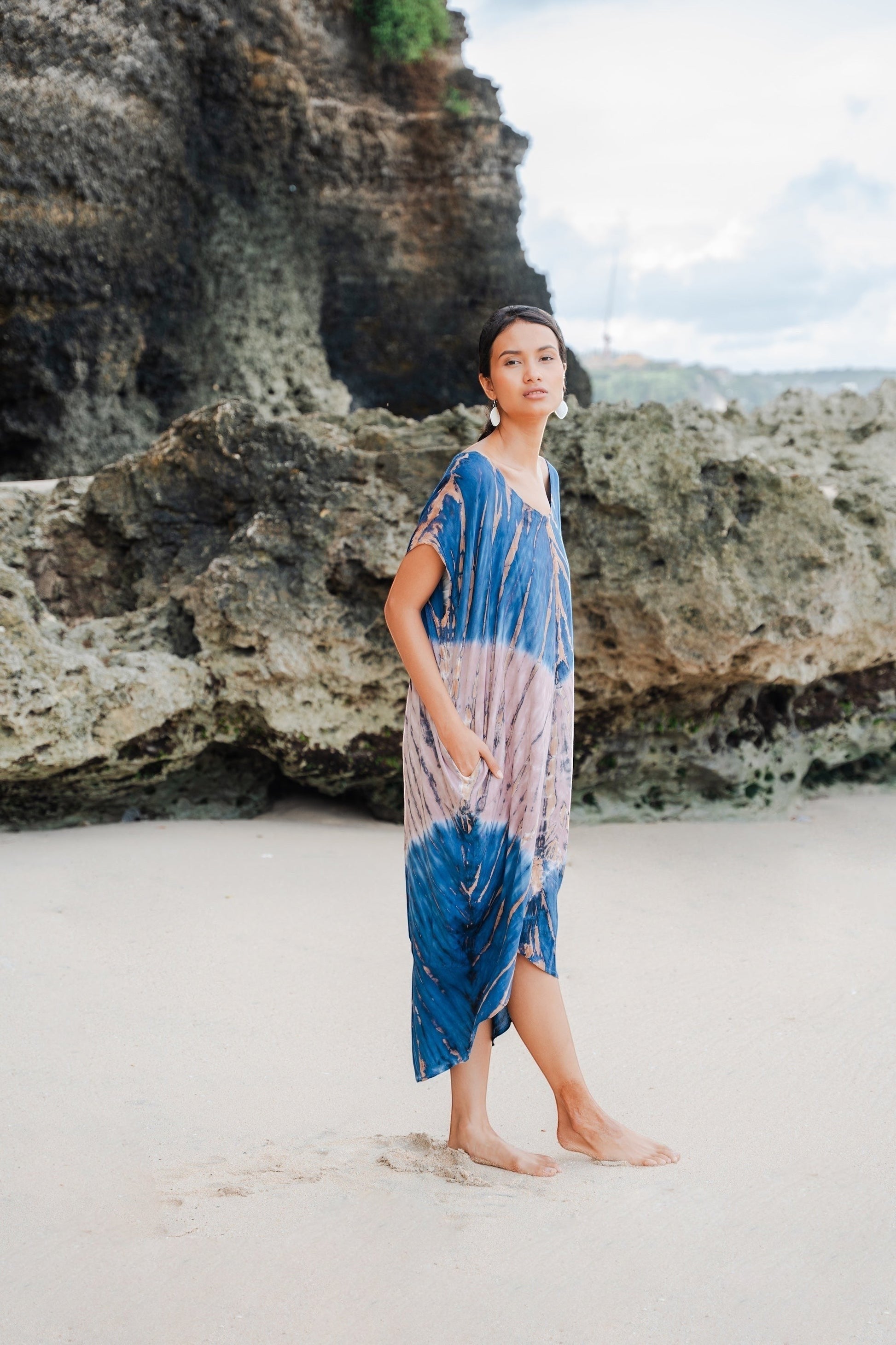Tie Dye Kaftan Beach Dress - Blue & Pink
