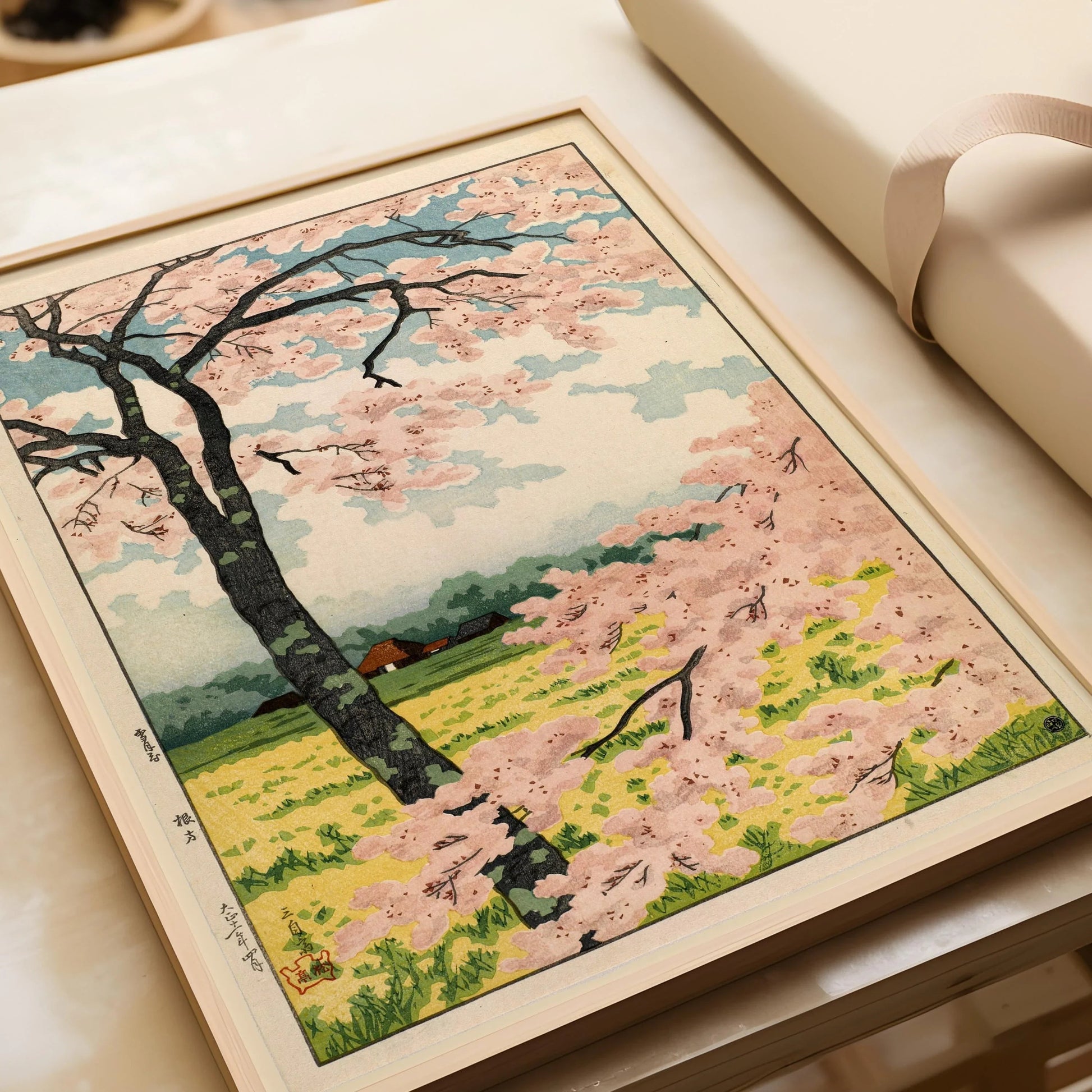 Estampe Takahashi Shotei Fleurs de cerisier : Art japonais ancien sur bois