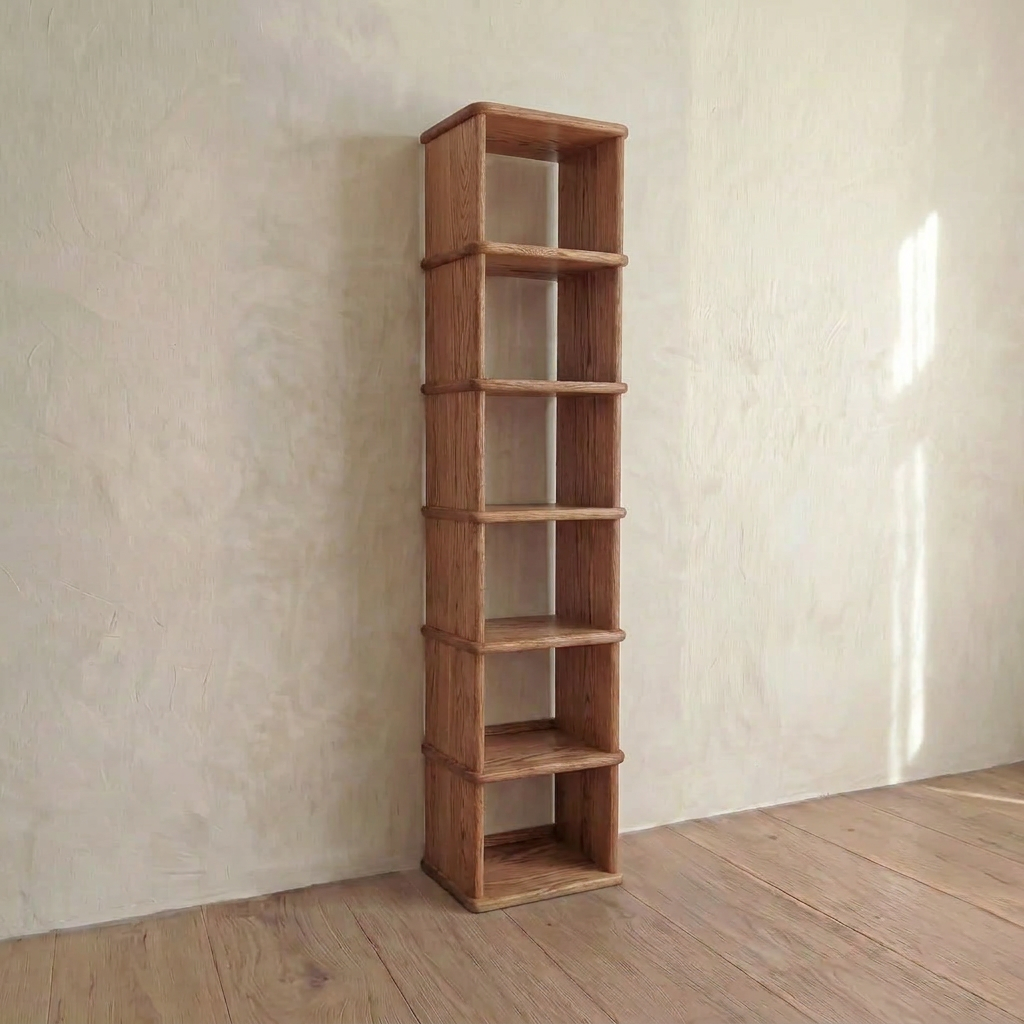 Tall narrow bookcase in red oak