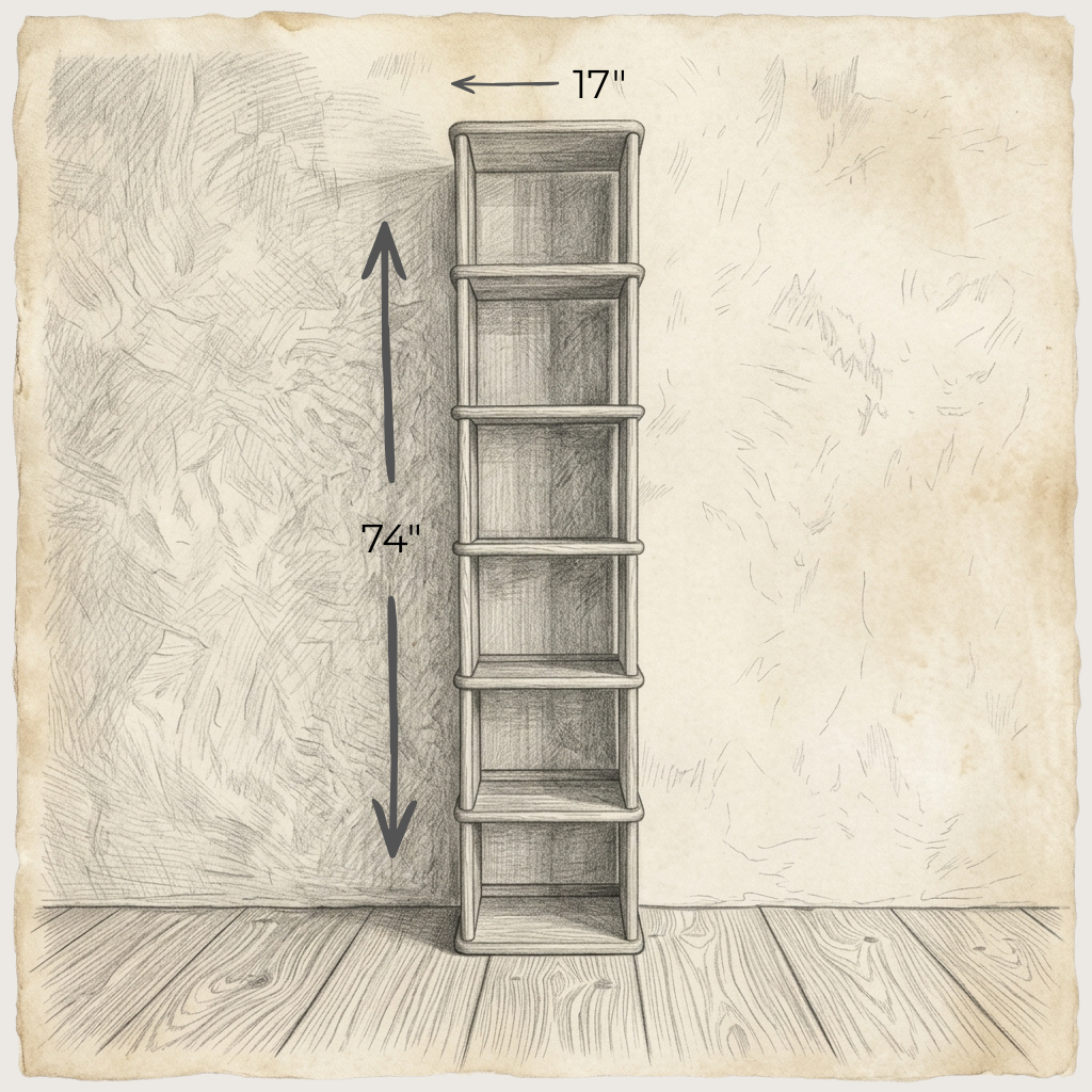 Tall narrow bookcase in red oak