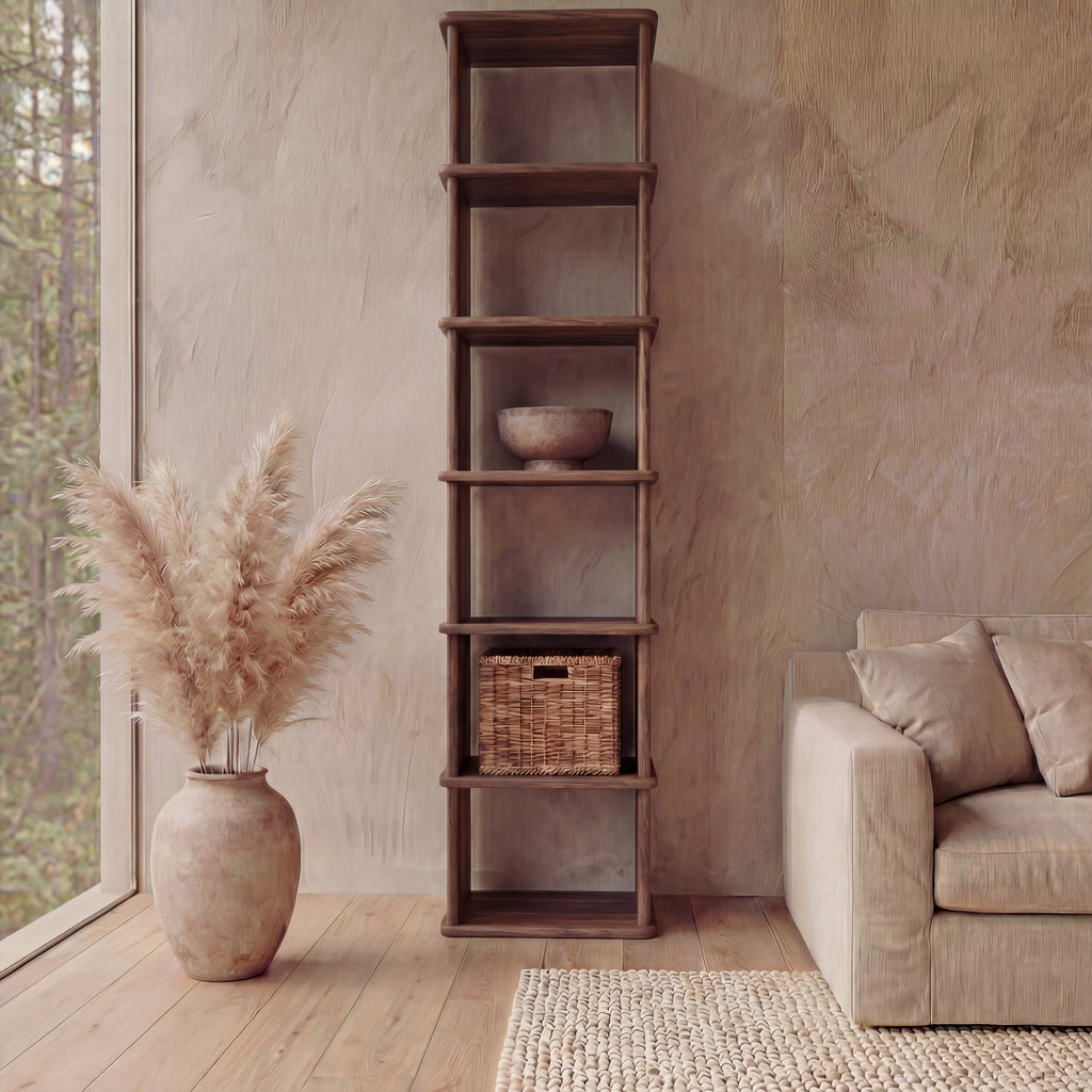 Tall narrow bookcase in walnut