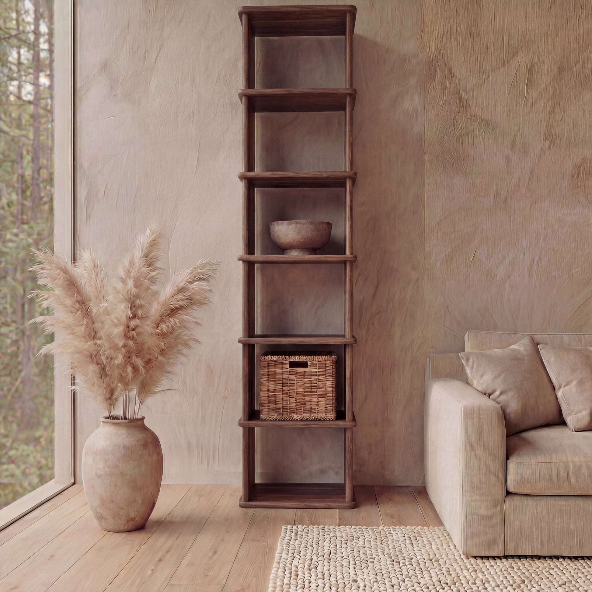 Tall narrow bookcase in walnut