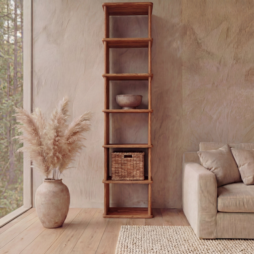 Tall narrow bookcase in red oak