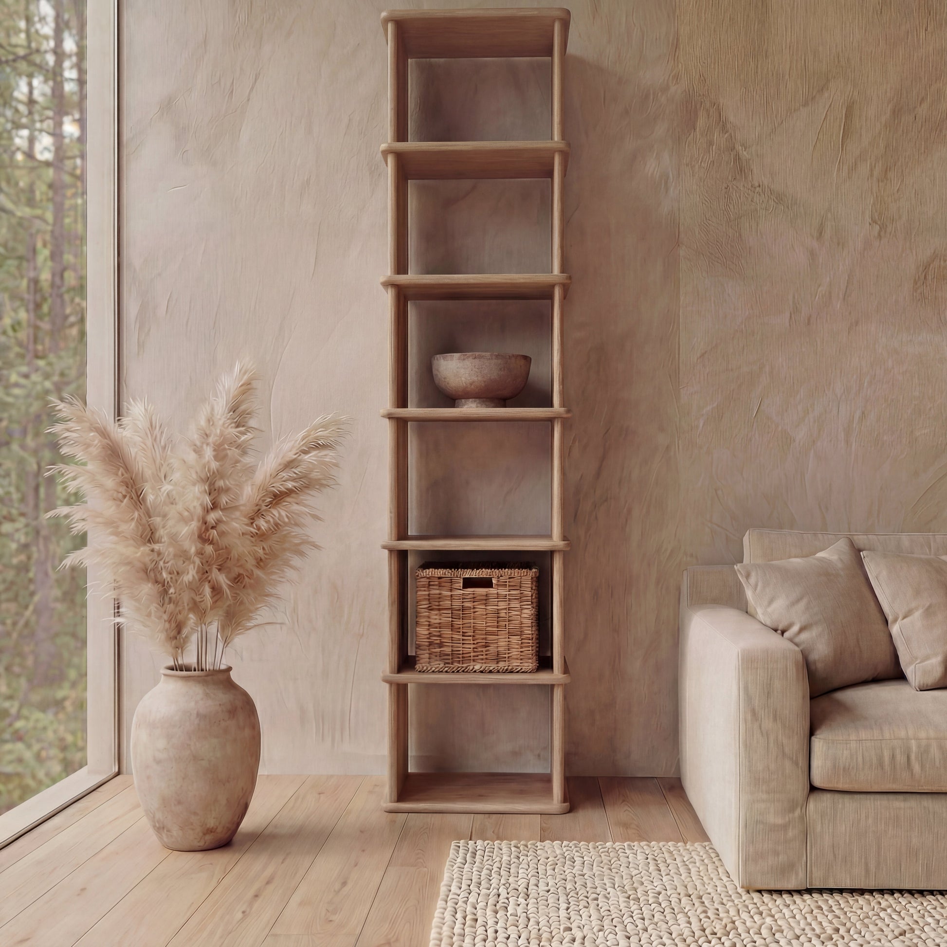 Tall narrow bookcase in white oak