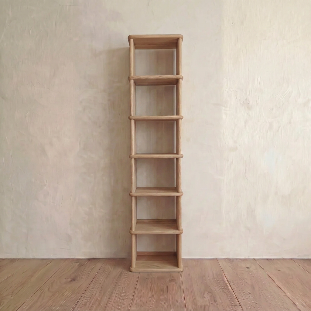 Tall narrow bookcase in white oak