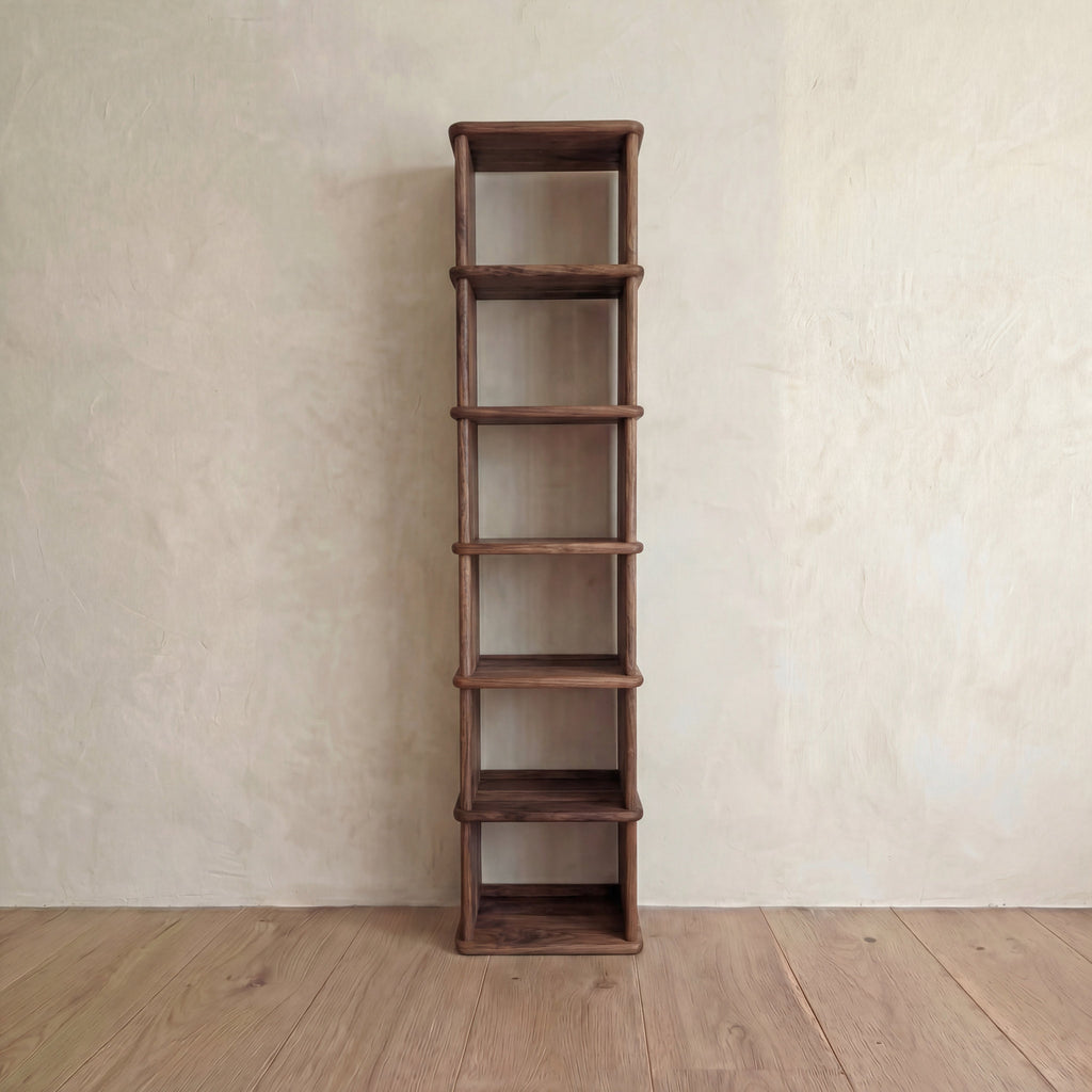 Tall narrow bookcase in walnut