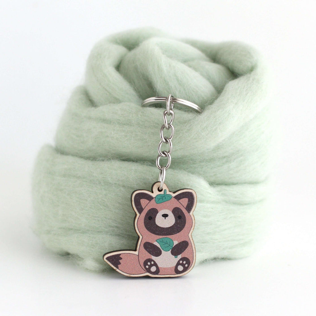 Porte-clés en bois Tanuki - Chien viverrin japonais - Cadeau durable