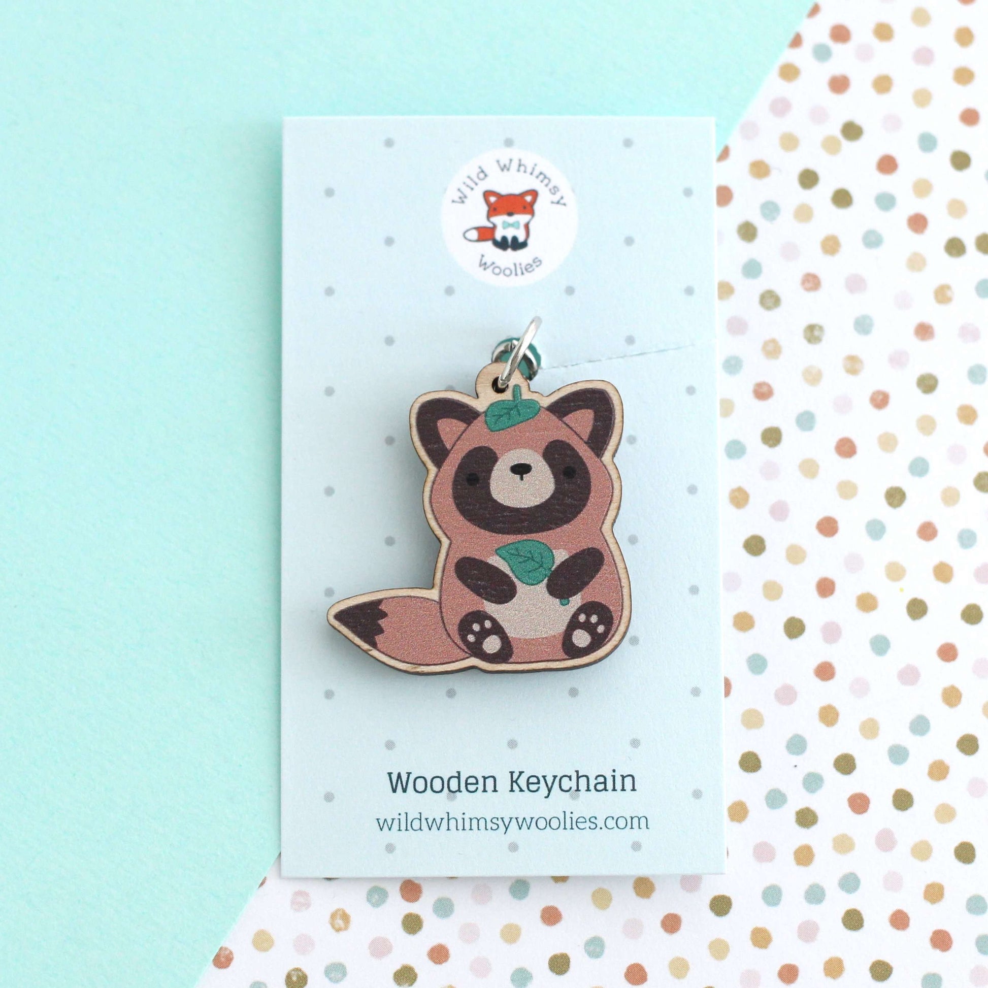 Porte-clés en bois Tanuki - Chien viverrin japonais - Cadeau durable