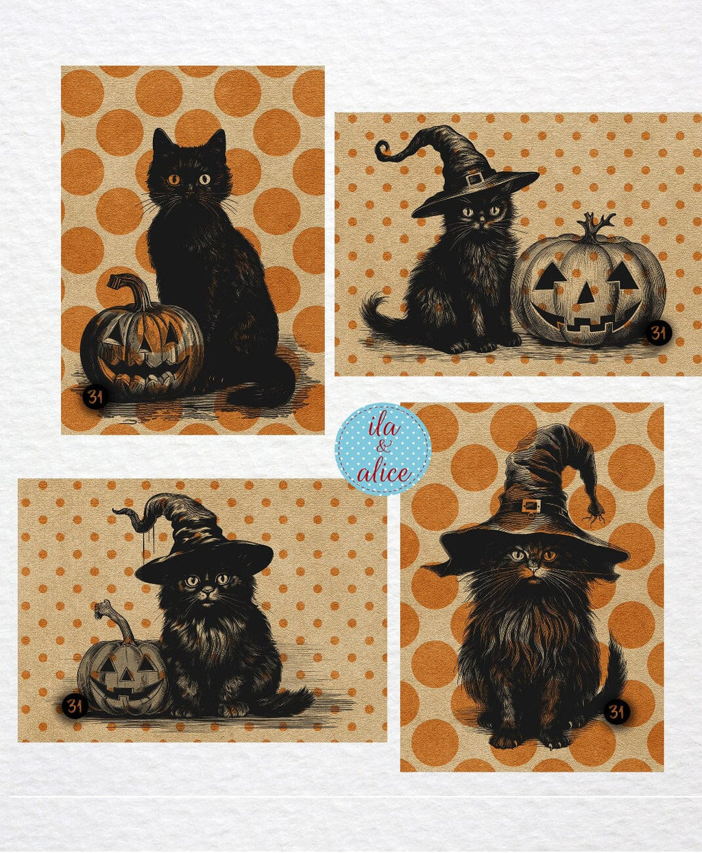 Black Cats and Orange Polka Dots Halloween Postcards