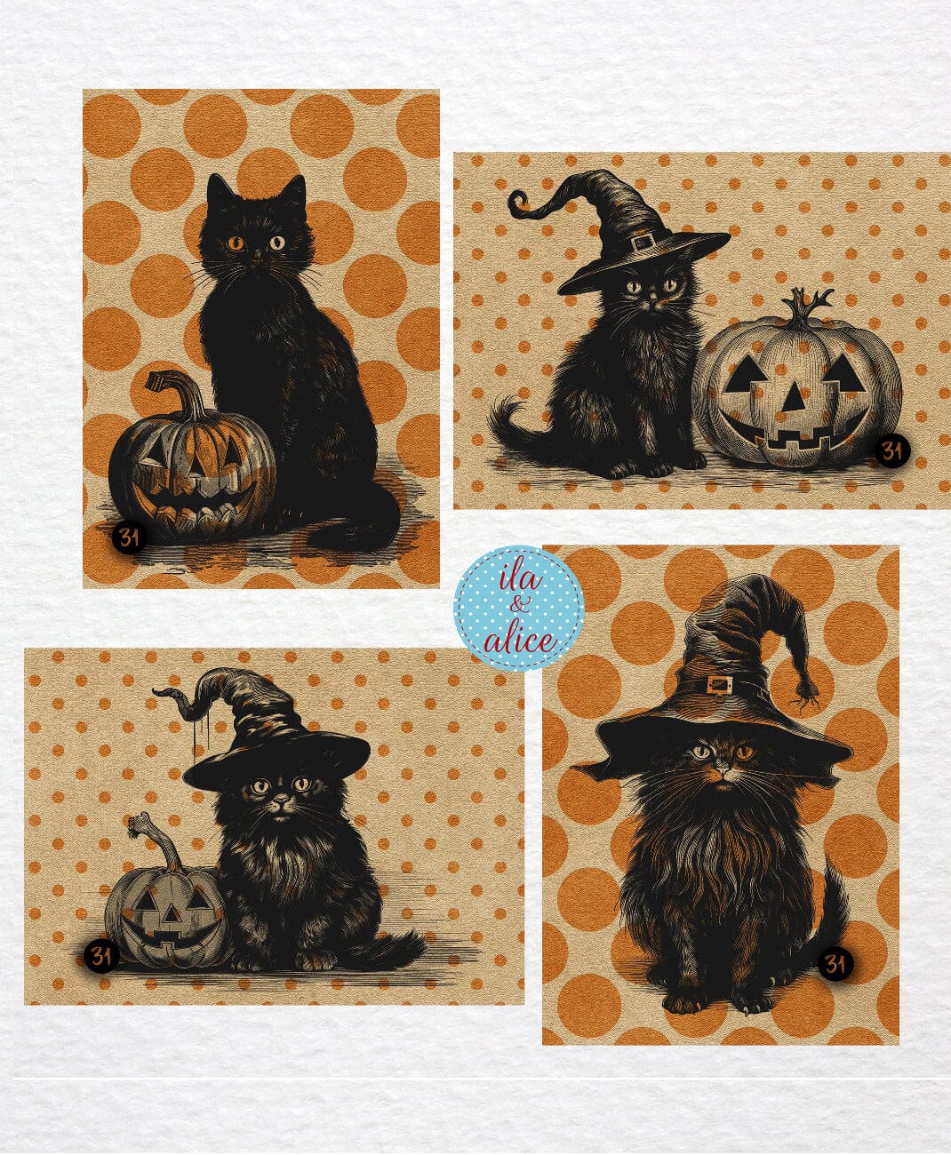 Black Cats and Orange Polka Dots Halloween Postcards