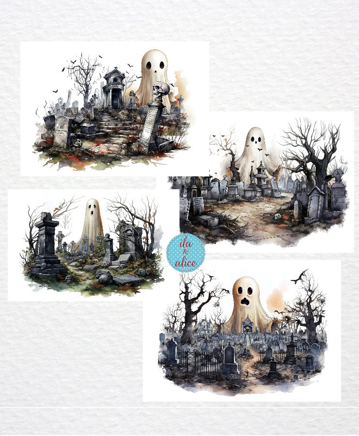 Ghosts and Goblins in the Graveyard Halloween Postcards