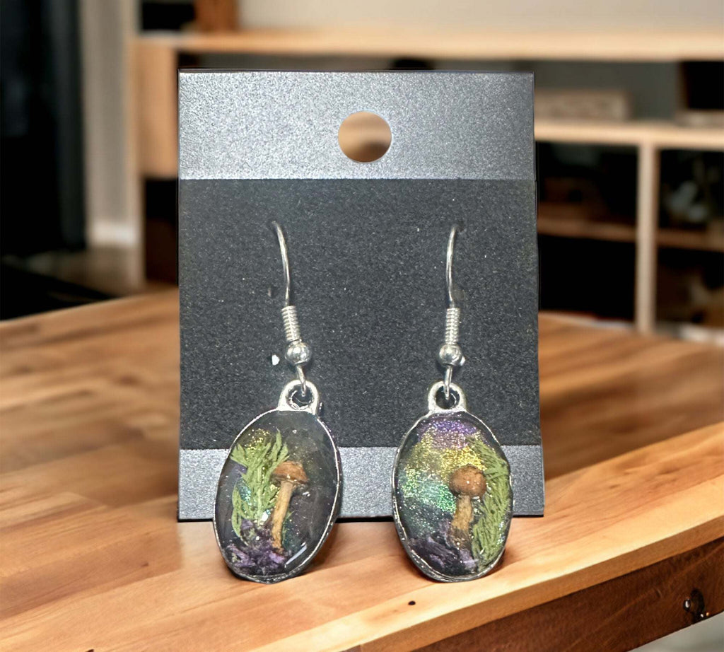 Mushroom Forest: Whimsical Drop Earring Set with Dried Botanicals