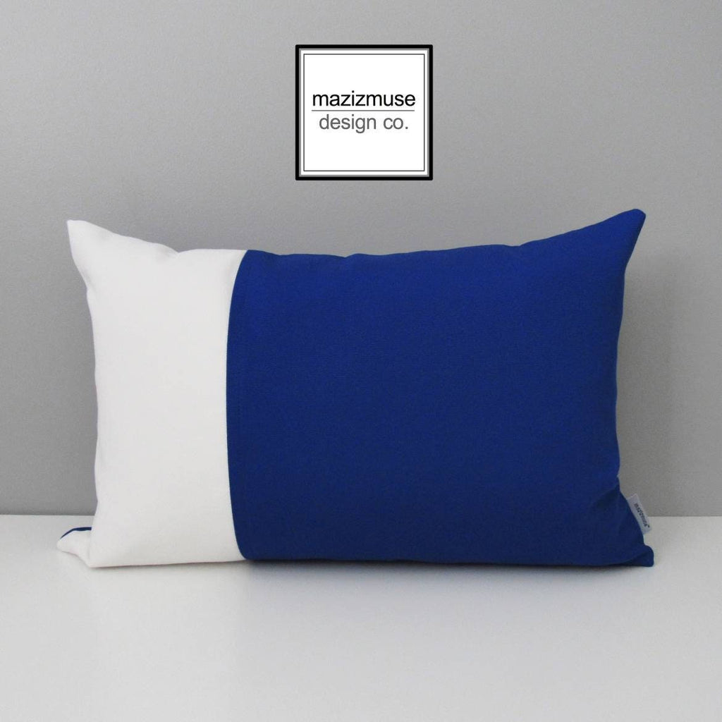 True Blue Sunbrella® Outdoor Pillow Cover with White Color block, Modern Cushions