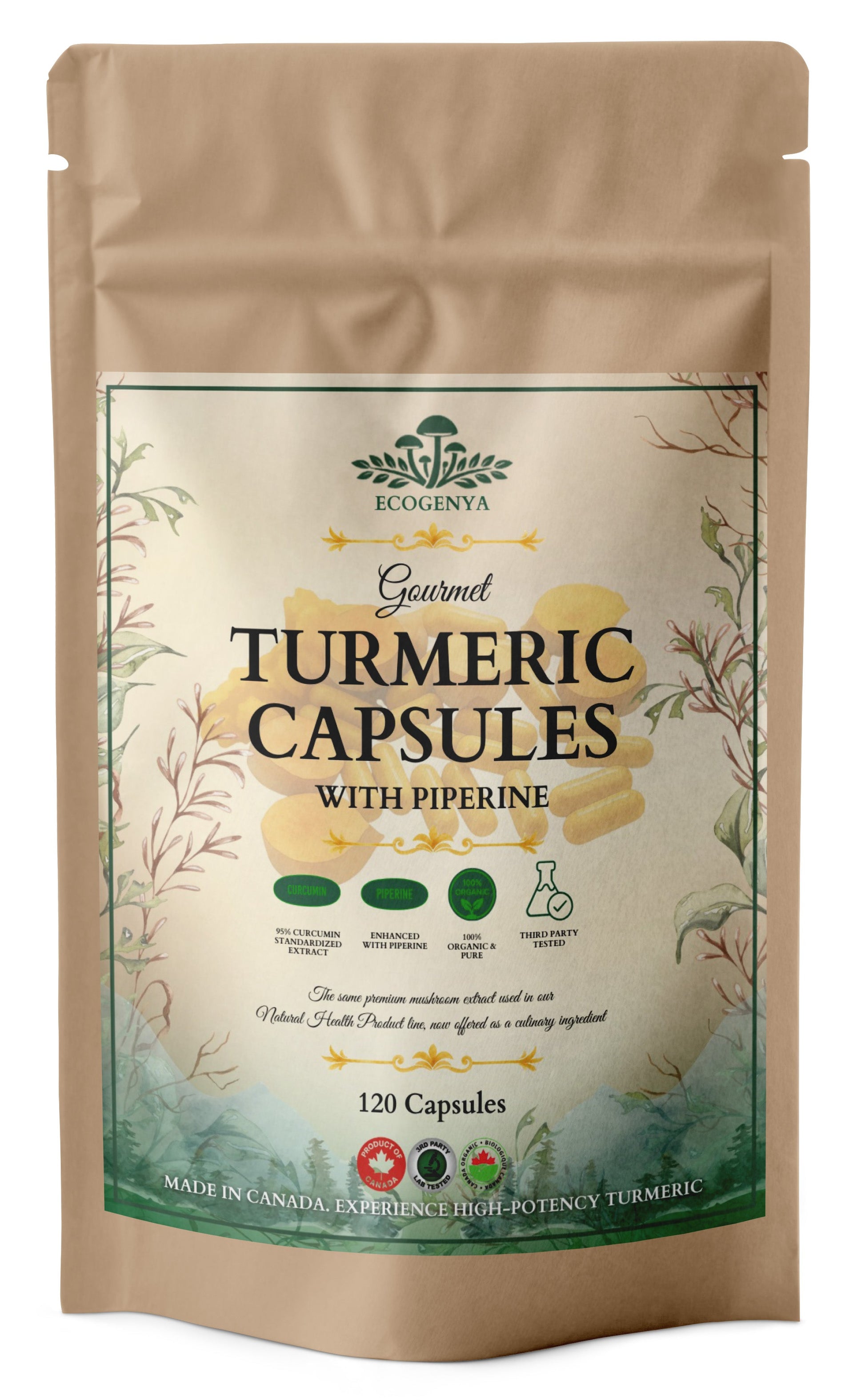 Ecogenya Gourmet Turmeric Capsules – Premium Turmeric Root with Black Pepper, No Fillers
