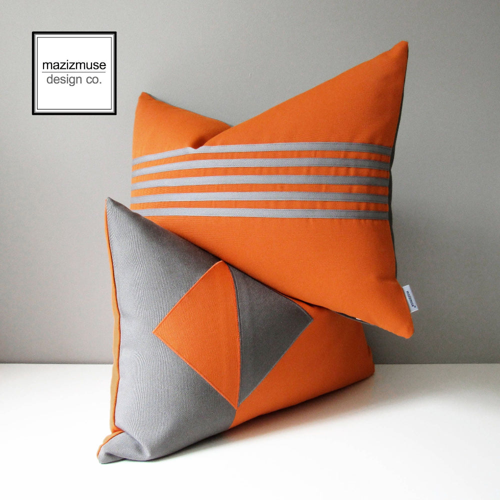 Housse de coussin d'extérieur en tissu Sunbrella® orange toscan à rayures grises, coussins rayés 