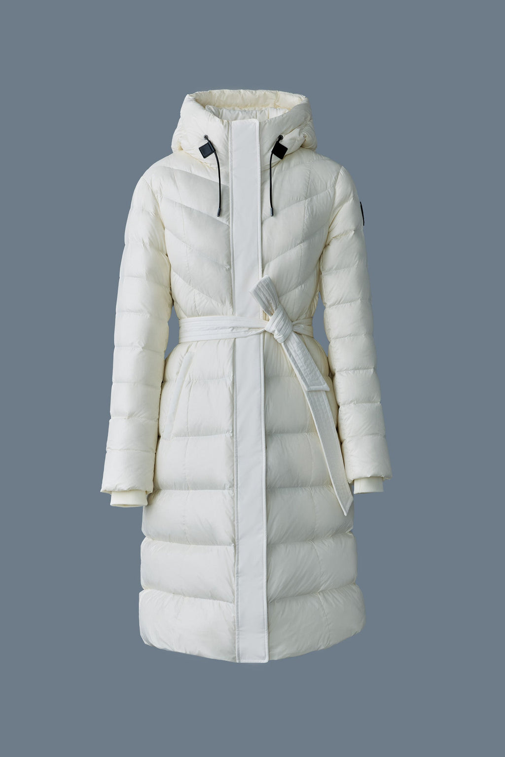 CORALIA down coat with hood and sash belt