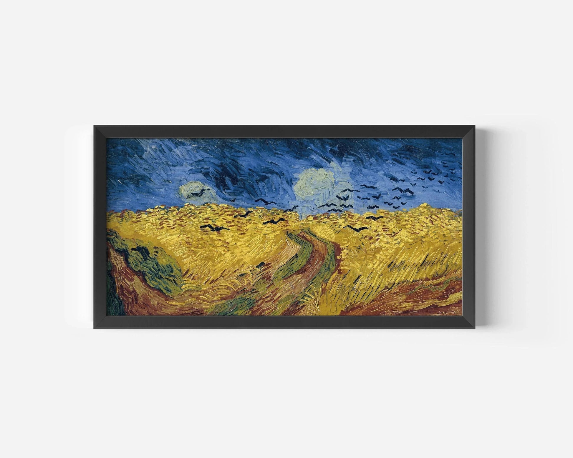 Estampe de Van Gogh représentant un champ de blé avec des corbeaux : œuvre panoramique vintage, option encadrée à la main (2x1)