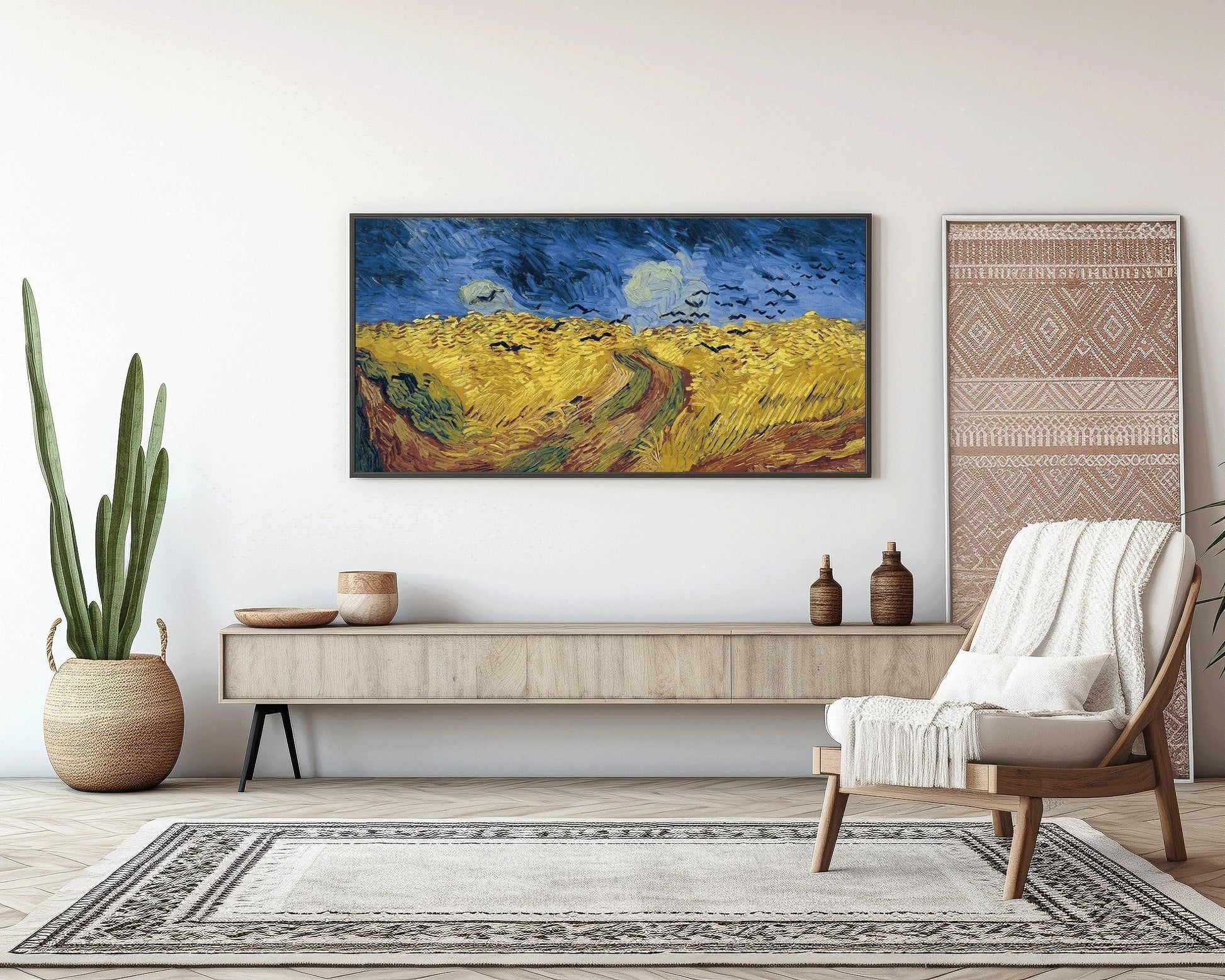 Estampe de Van Gogh représentant un champ de blé avec des corbeaux : œuvre panoramique vintage, option encadrée à la main (2x1)