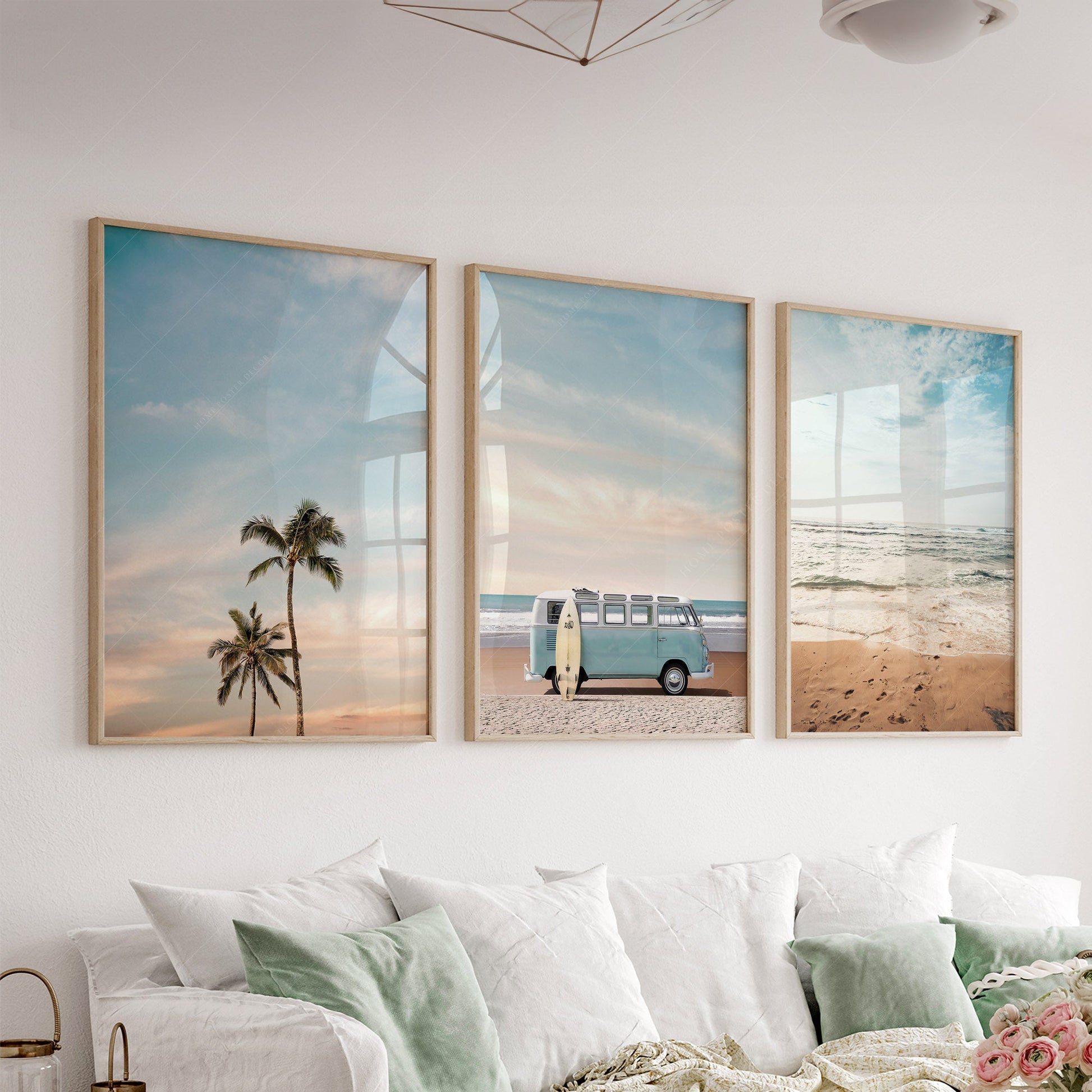 Beach Triptych Set of 3 Prints – Coastal VW Van Palm Tree Ocean Wall Art