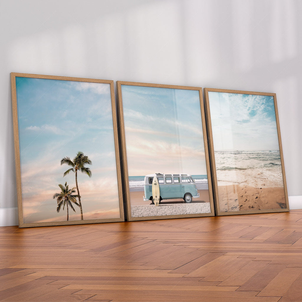 Beach Triptych Set of 3 Prints – Coastal VW Van Palm Tree Ocean Wall Art