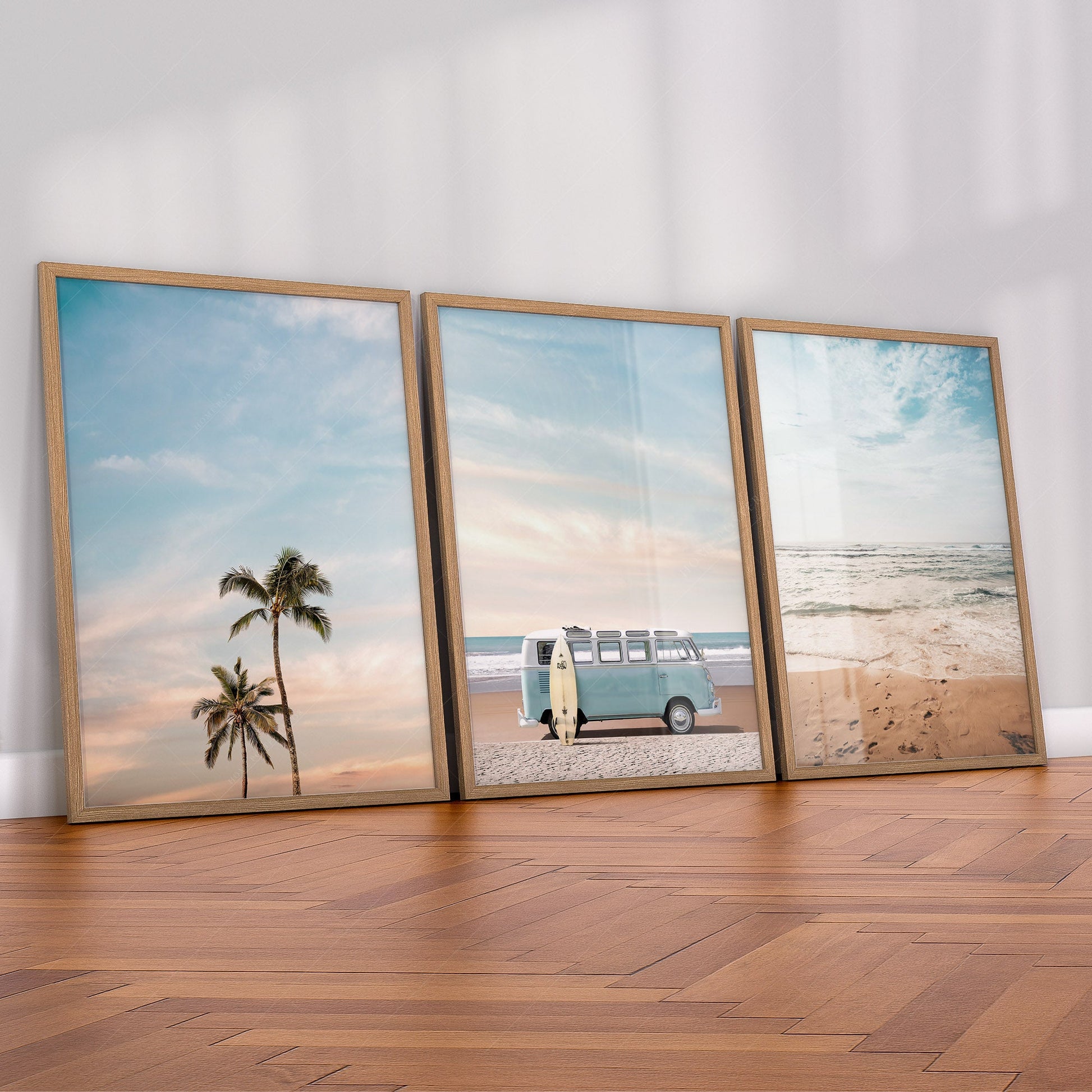 Beach Triptych Set of 3 Prints – Coastal VW Van Palm Tree Ocean Wall Art