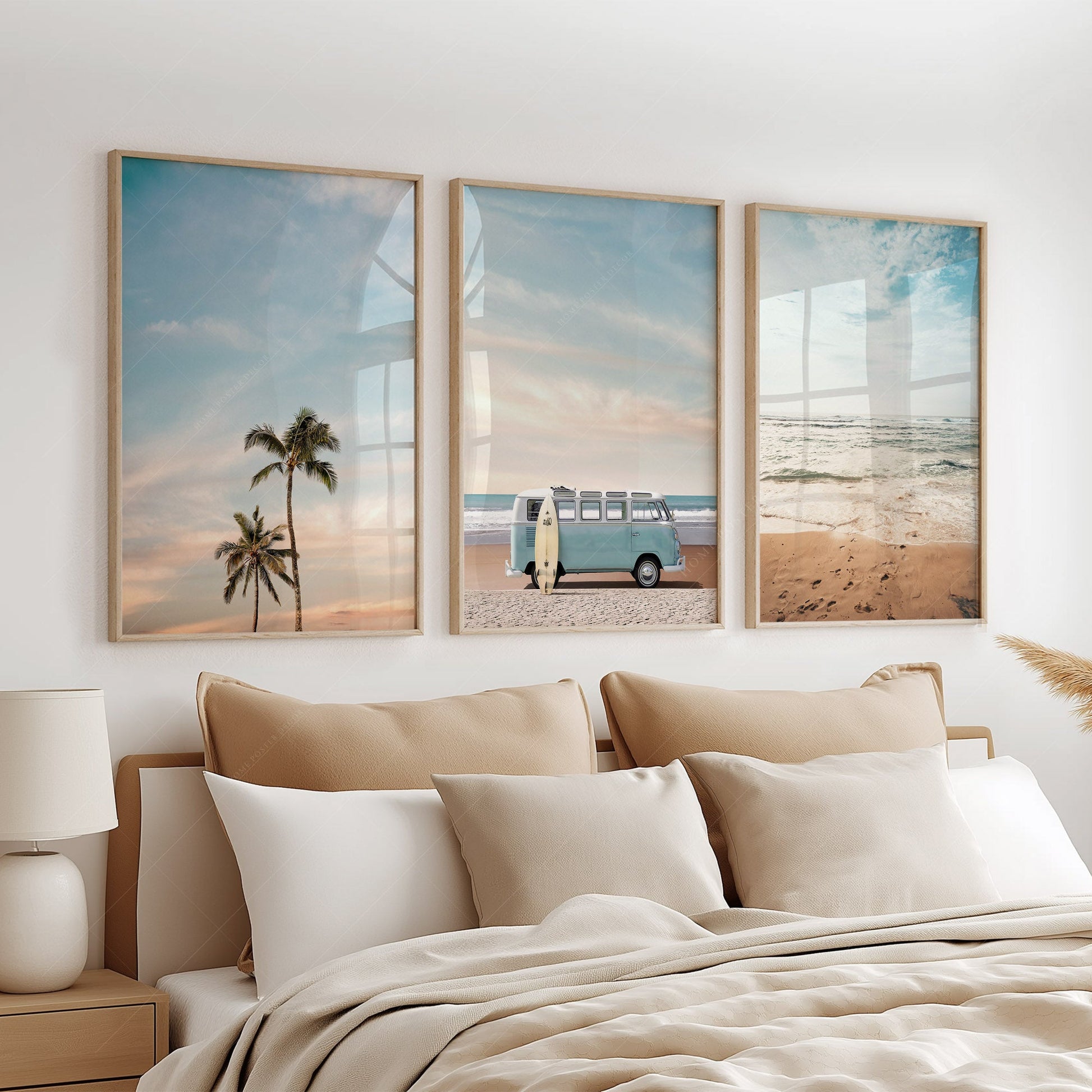 Beach Triptych Set of 3 Prints – Coastal VW Van Palm Tree Ocean Wall Art