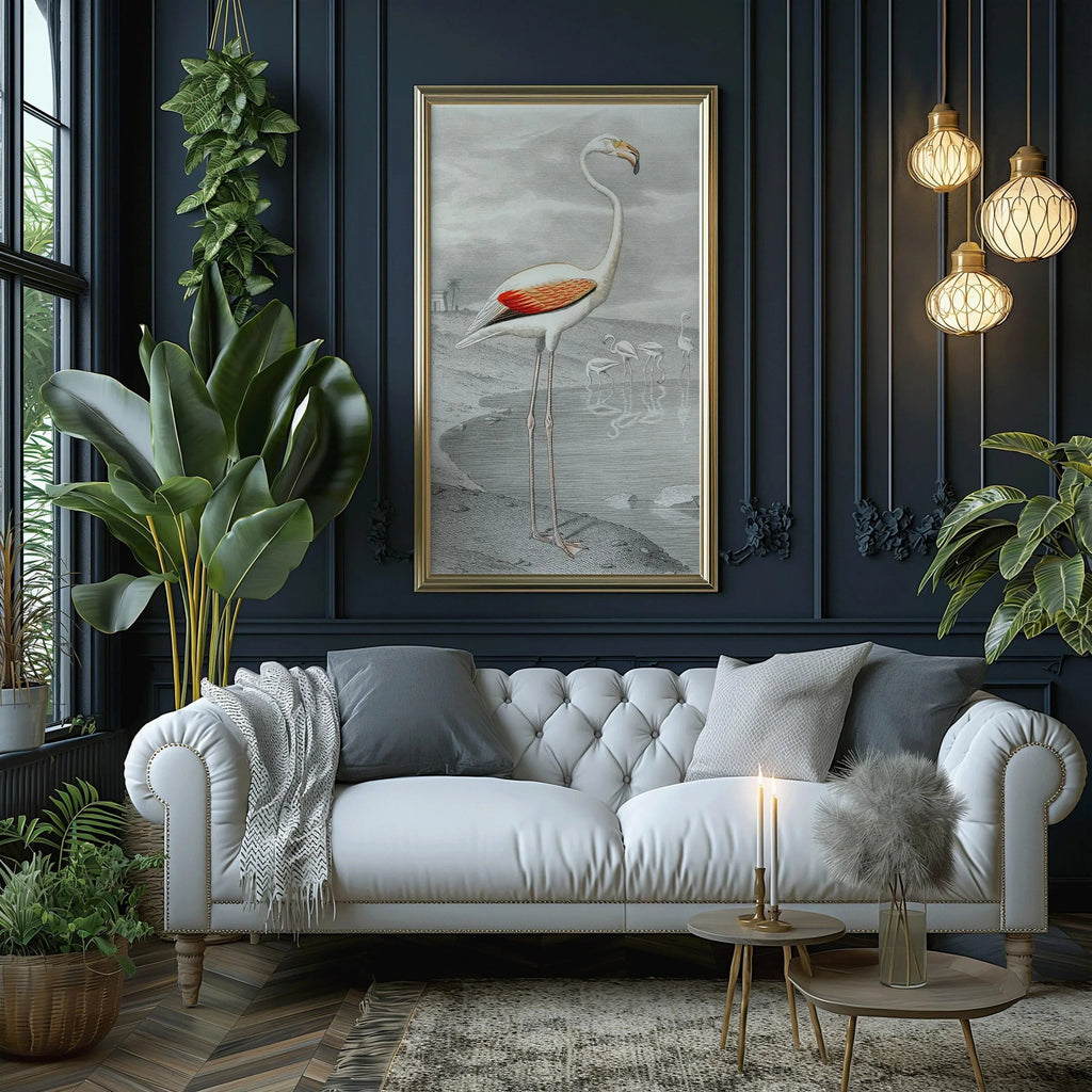Estampe vintage de flamant rose par Edouard Travies (encadrée à la main ou non encadrée) (2x1)