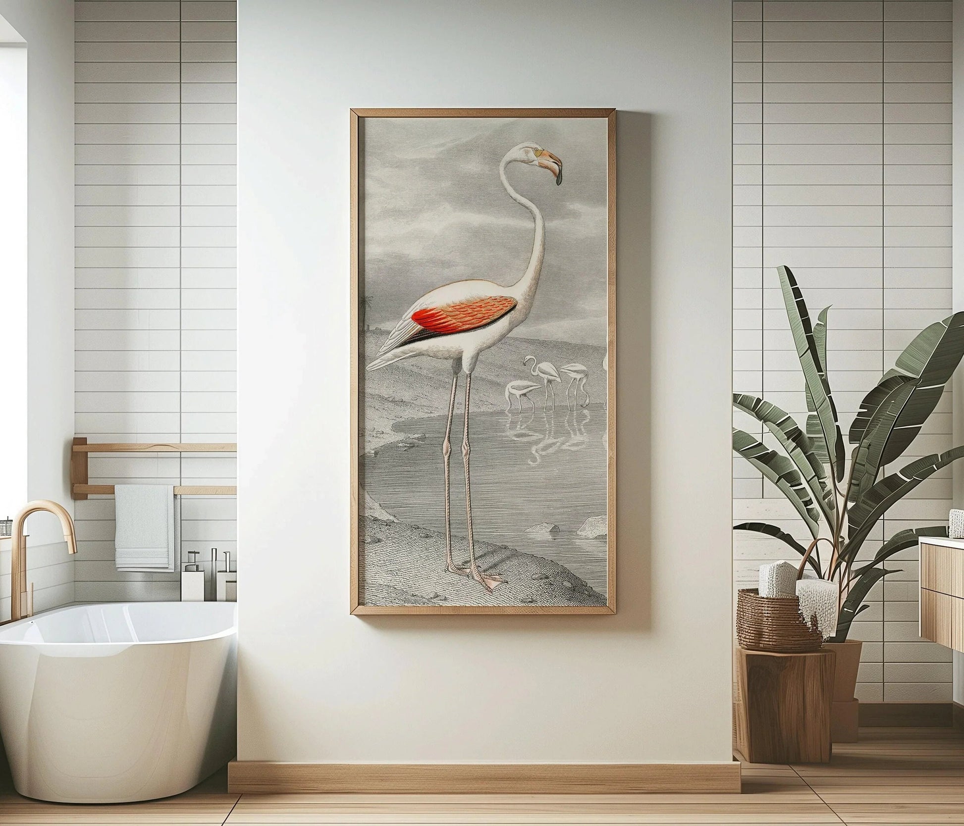 Estampe vintage de flamant rose par Edouard Travies (encadrée à la main ou non encadrée) (2x1)