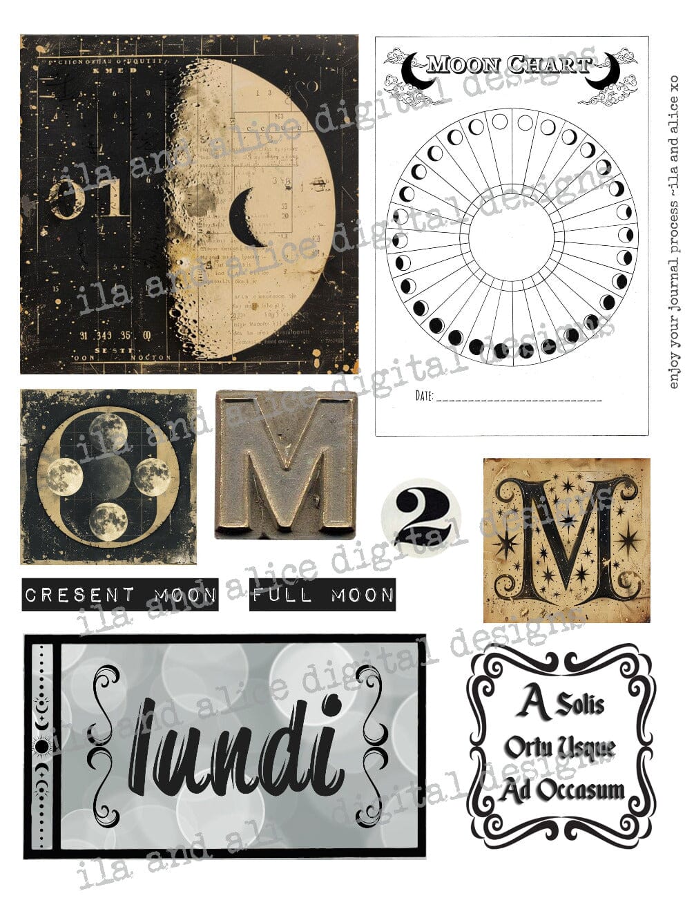 Digital Moon Art Junk Journal Ephemera