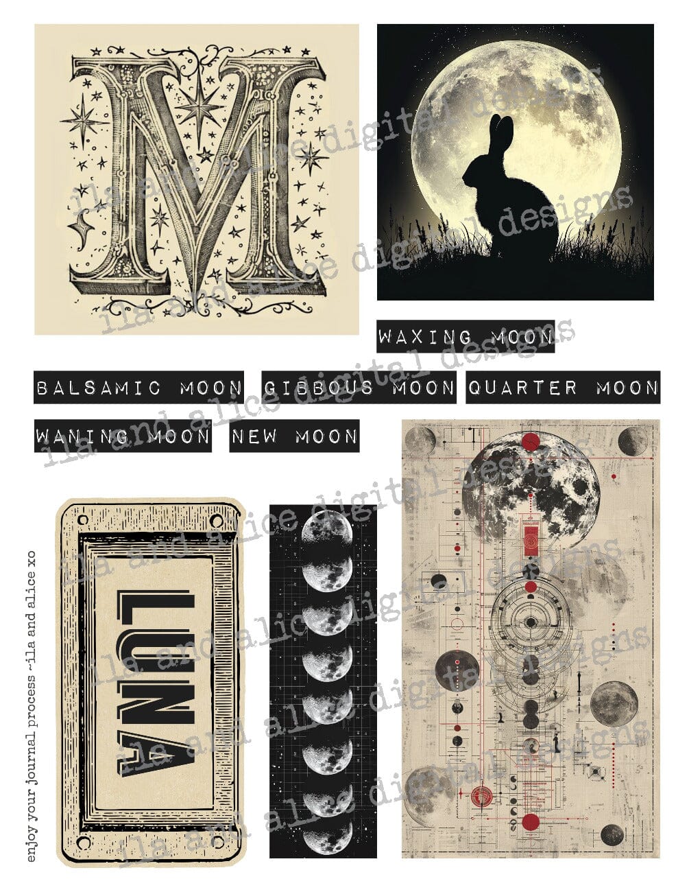 Digital Moon Art Junk Journal Ephemera