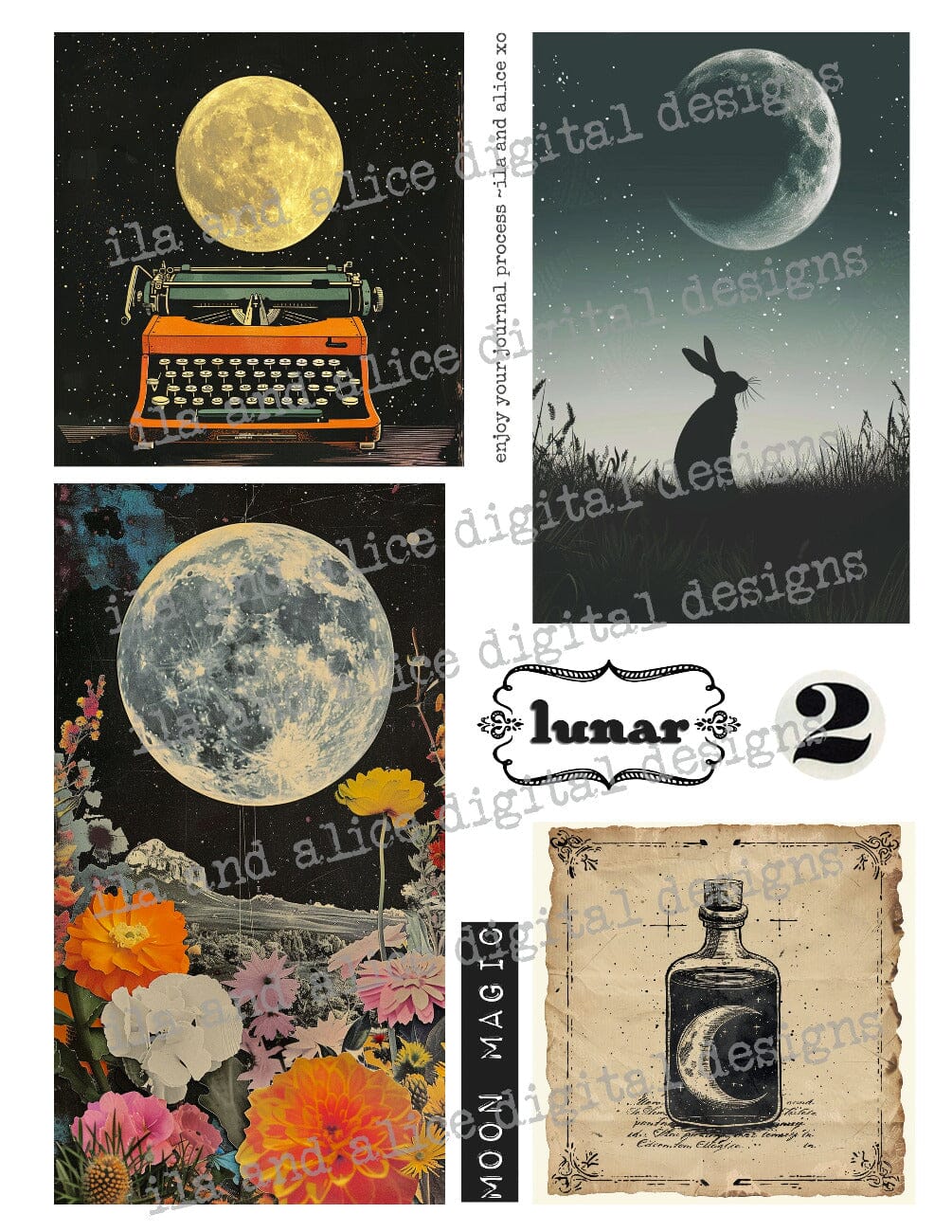 Digital Moon Art Junk Journal Ephemera