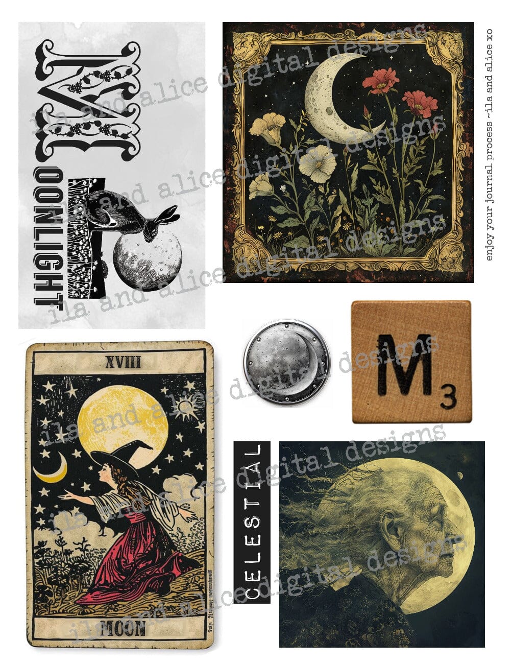 Digital Moon Art Junk Journal Ephemera