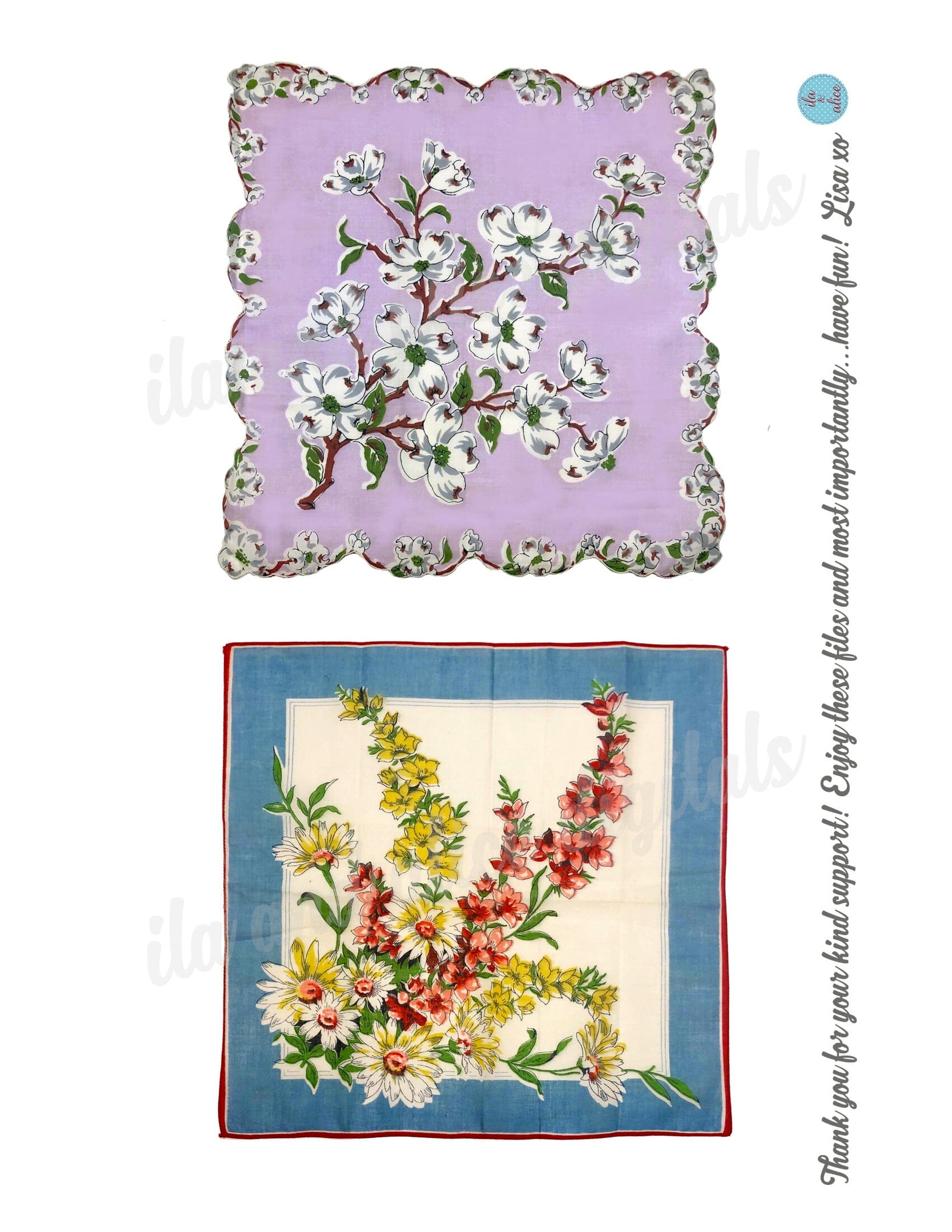 Pretty Digital Vintage Hankies-Set of 6 Cute Printable Hankies