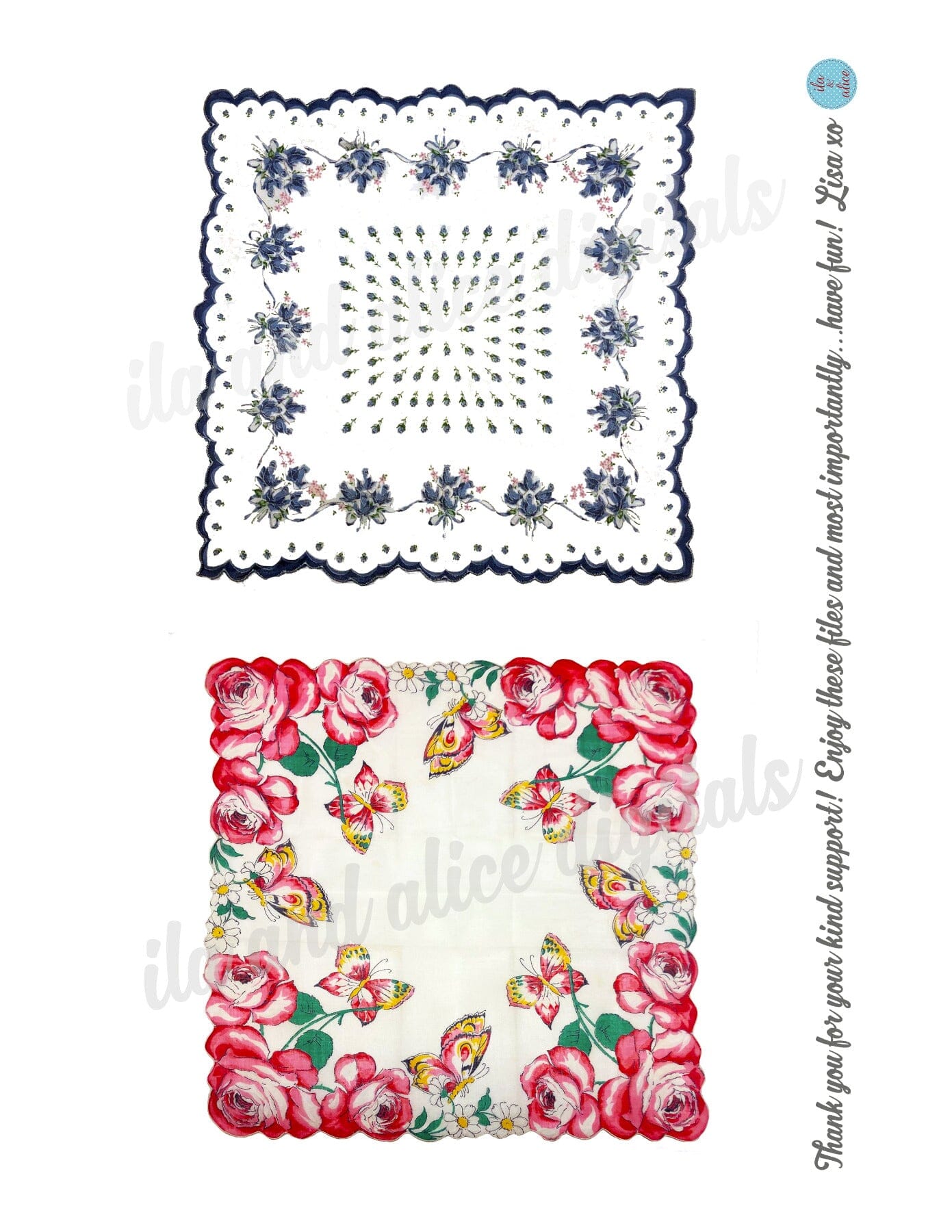 Pretty Floral Digital Hankies-Set of 6 Printable Vintage Hankies