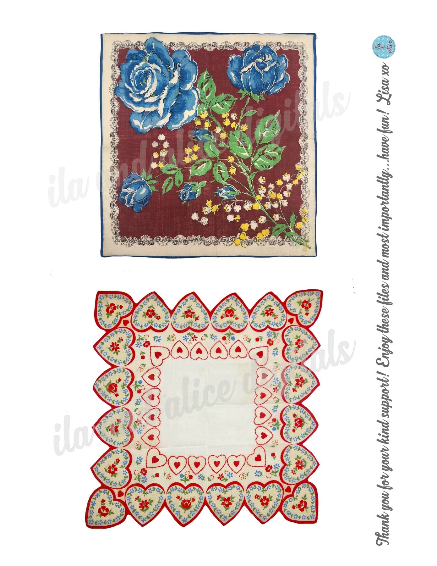 Pretty Floral Digital Hankies-Set of 6 Printable Vintage Hankies