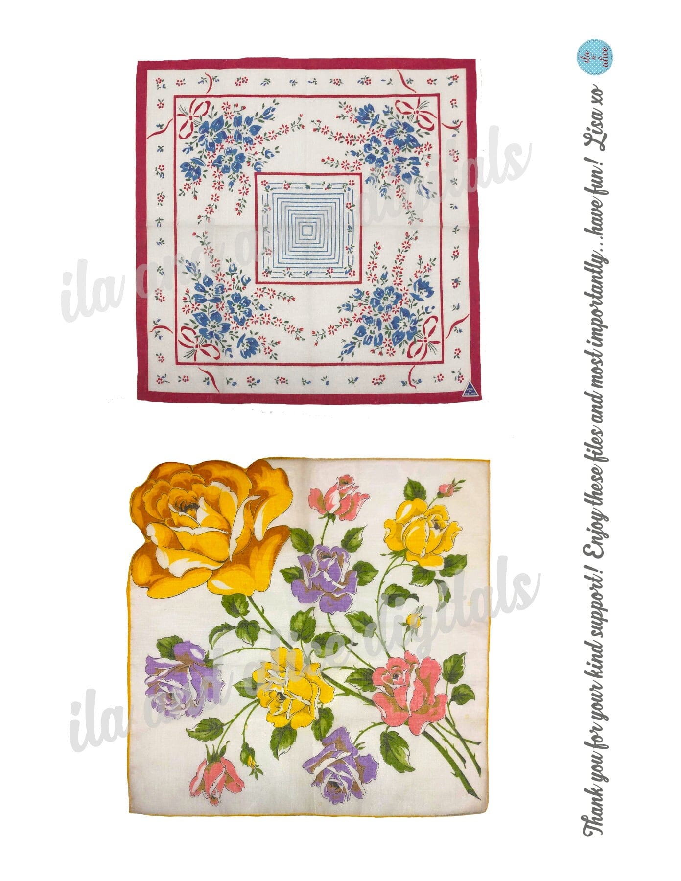 Pretty Floral Digital Hankies-Set of 6 Printable Vintage Hankies