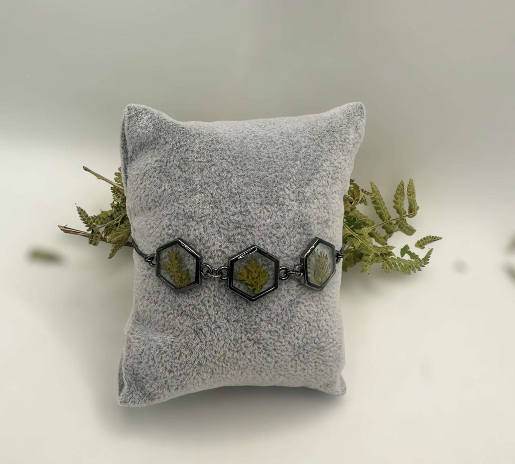 Black Forest: Black Hexagon Handmade Trio Bracelet with Dried Botanicals