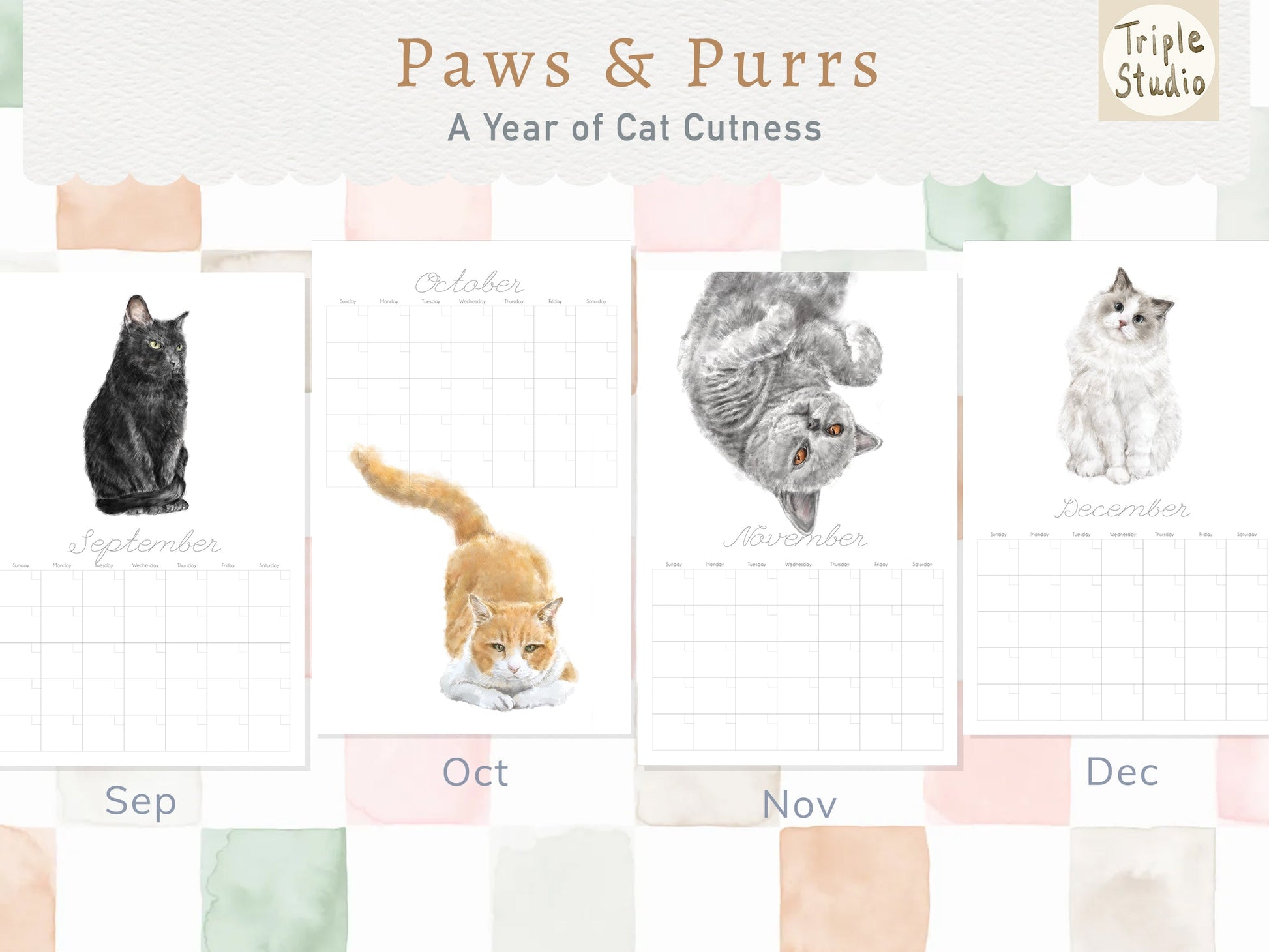 Calendrier mural extra large sans date avec support magnétique pour affiche : Chat