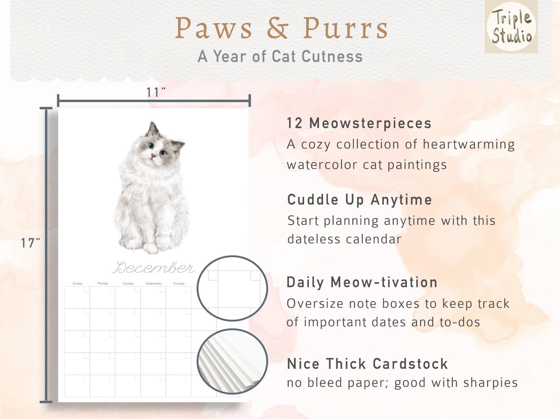Calendrier mural extra large sans date avec support magnétique pour affiche : Chat
