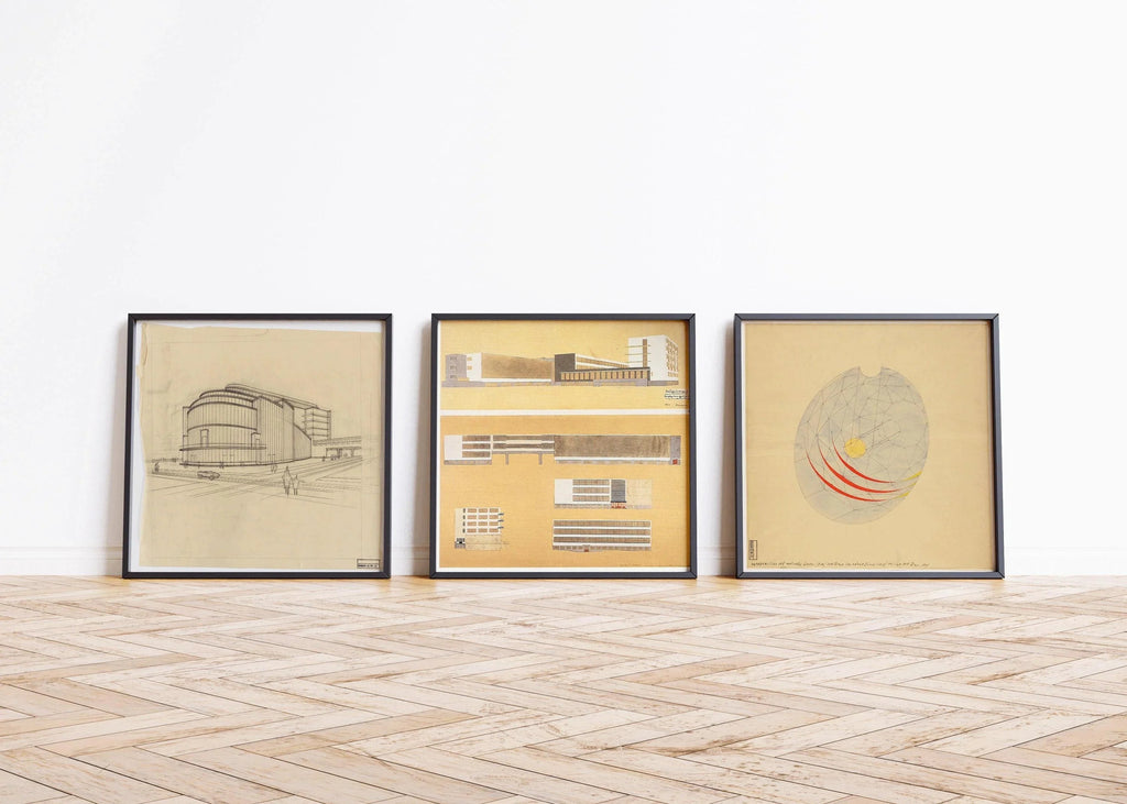 Walter Gropius STATEMENT TRIO | Affiches vintage de croquis de bâtiments Bauhaus | Disponibles encadrées 1x1