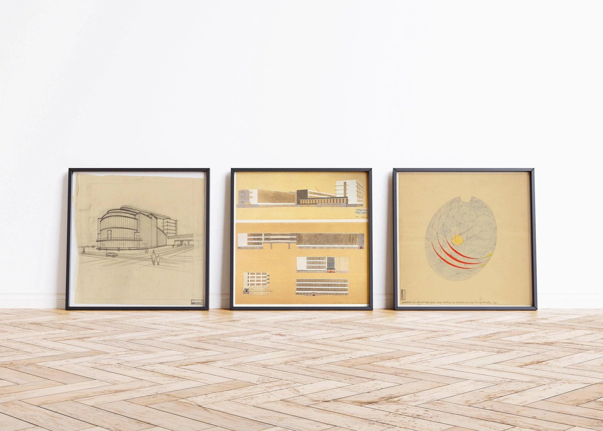 Walter Gropius STATEMENT TRIO | Affiches vintage de croquis de bâtiments Bauhaus | Disponibles encadrées 1x1