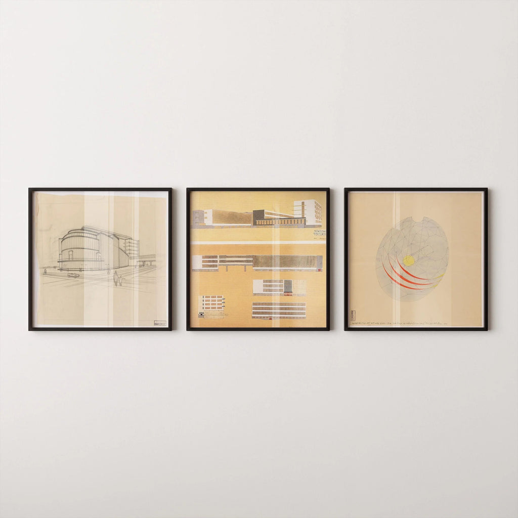 Walter Gropius STATEMENT TRIO | Affiches vintage de croquis de bâtiments Bauhaus | Disponibles encadrées 1x1