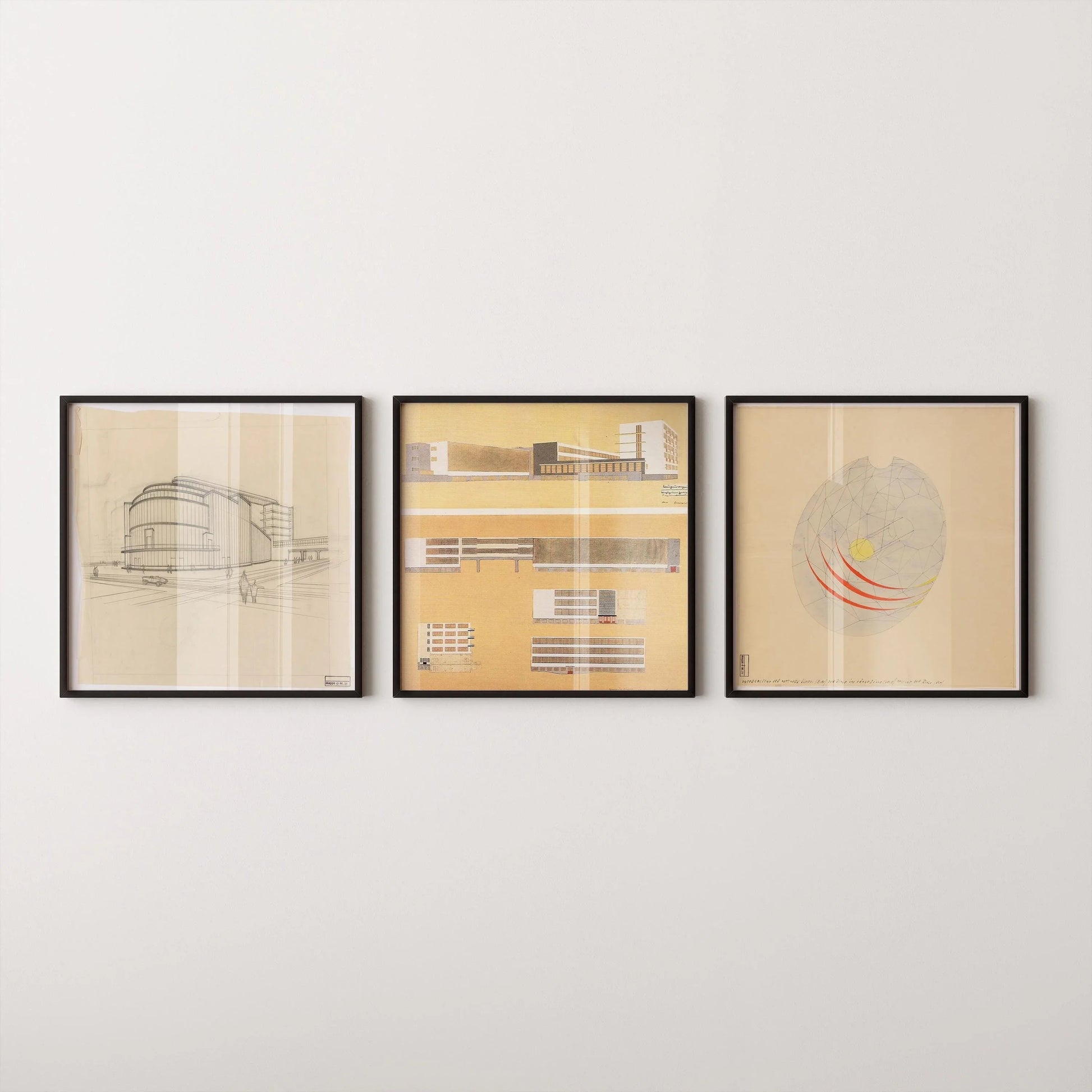 Walter Gropius STATEMENT TRIO | Affiches vintage de croquis de bâtiments Bauhaus | Disponibles encadrées 1x1