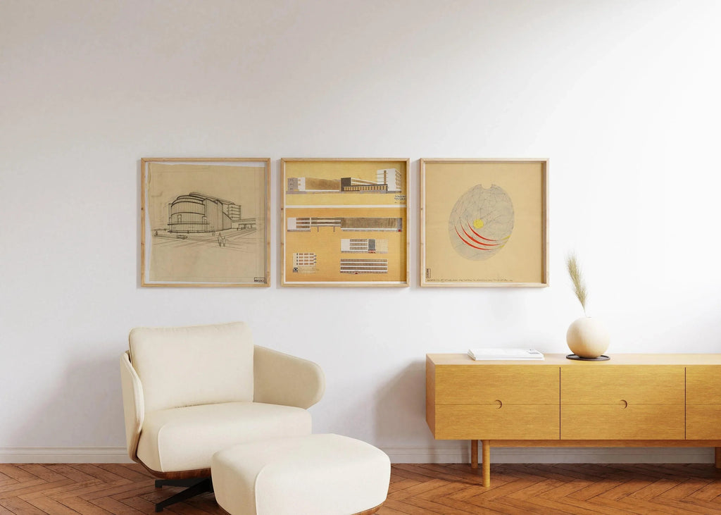 Walter Gropius STATEMENT TRIO | Affiches vintage de croquis de bâtiments Bauhaus | Disponibles encadrées 1x1