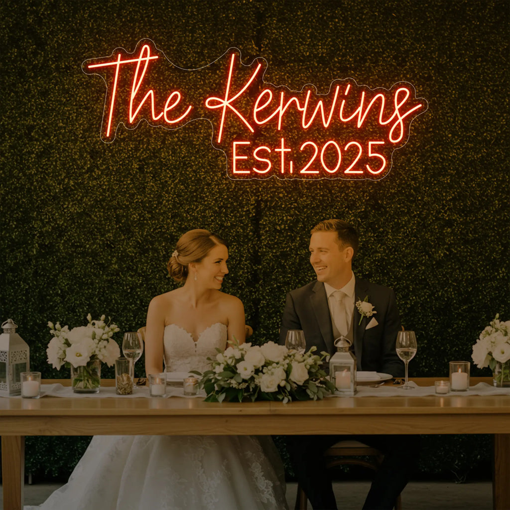 Enseigne lumineuse personnalisée avec noms de famille de mariage V5