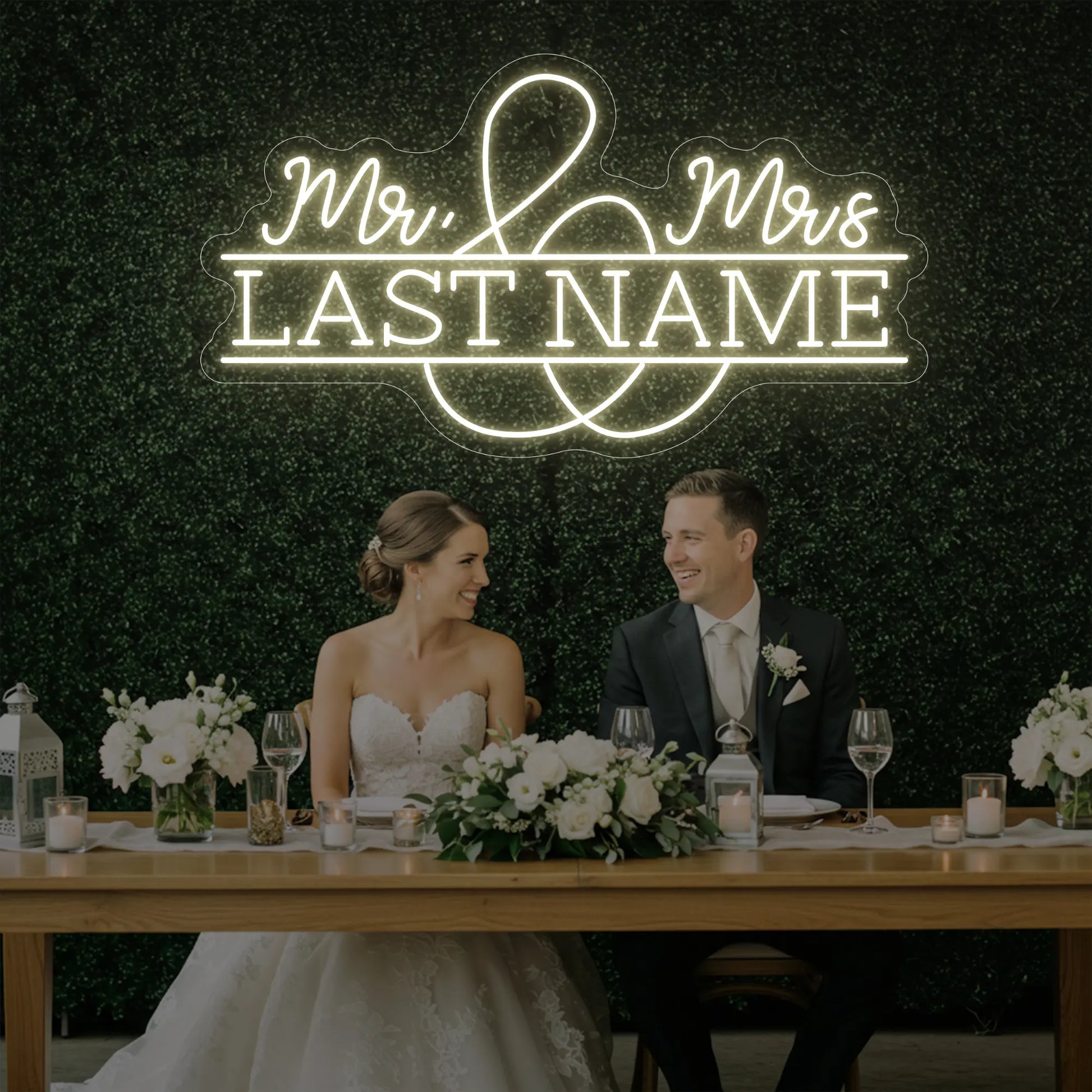 Enseigne lumineuse personnalisée avec noms de famille de mariage V6