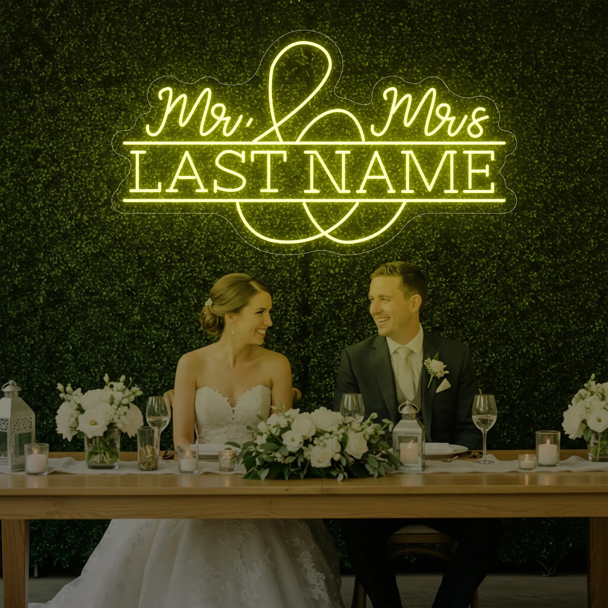 Enseigne lumineuse personnalisée avec noms de famille de mariage V6