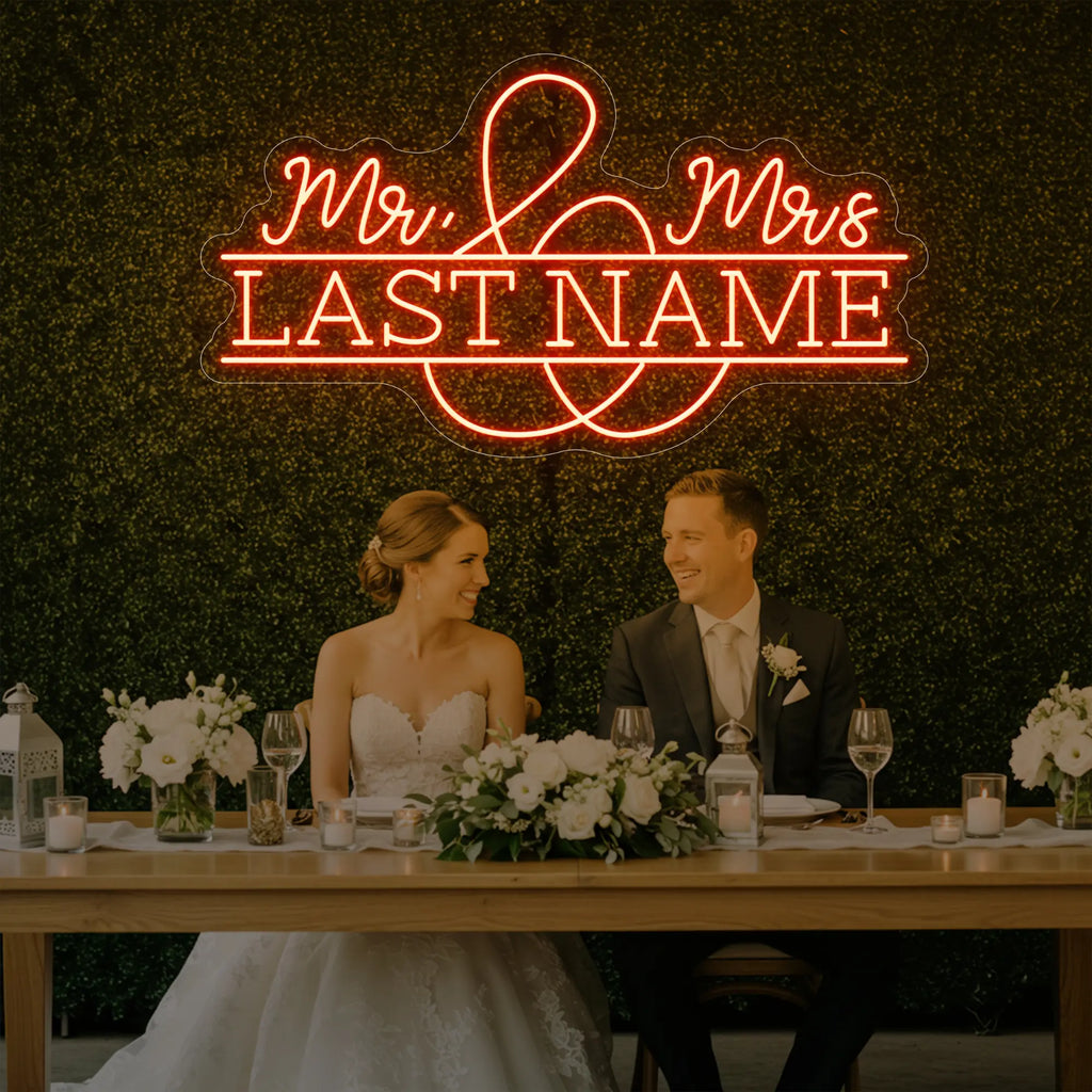 Enseigne lumineuse personnalisée avec noms de famille de mariage V6