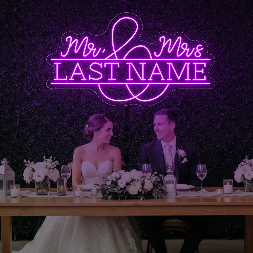Enseigne lumineuse personnalisée avec noms de famille de mariage V6
